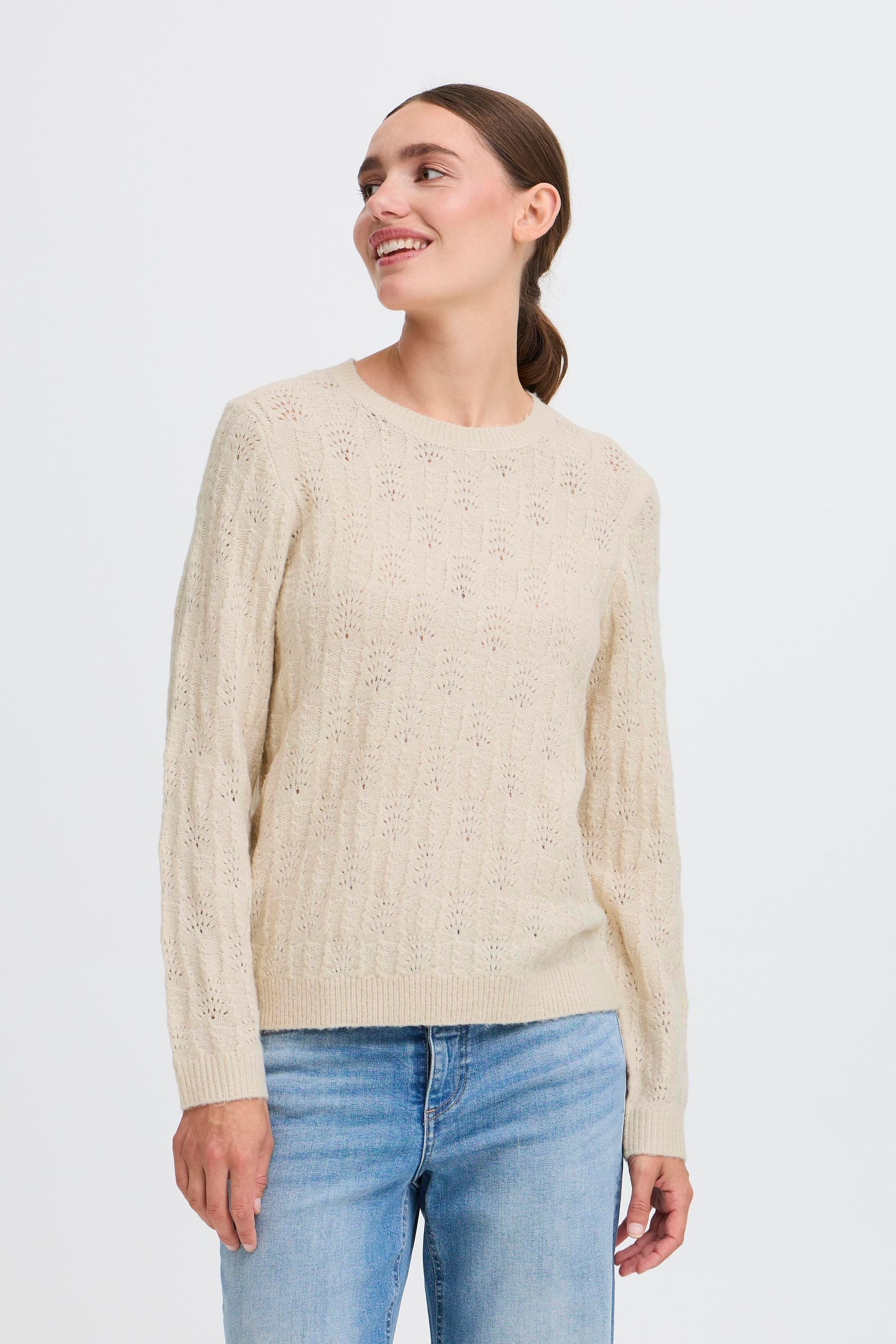Strickfleece-Pullover OXMO "Strickpullover OXFSINVA", Damen, Gr. M, weiß (pumice stone), Obermaterial: 76% Polyacryl PAN. 21% Polyester PES. 3% Elasthan EL., Pullover 2