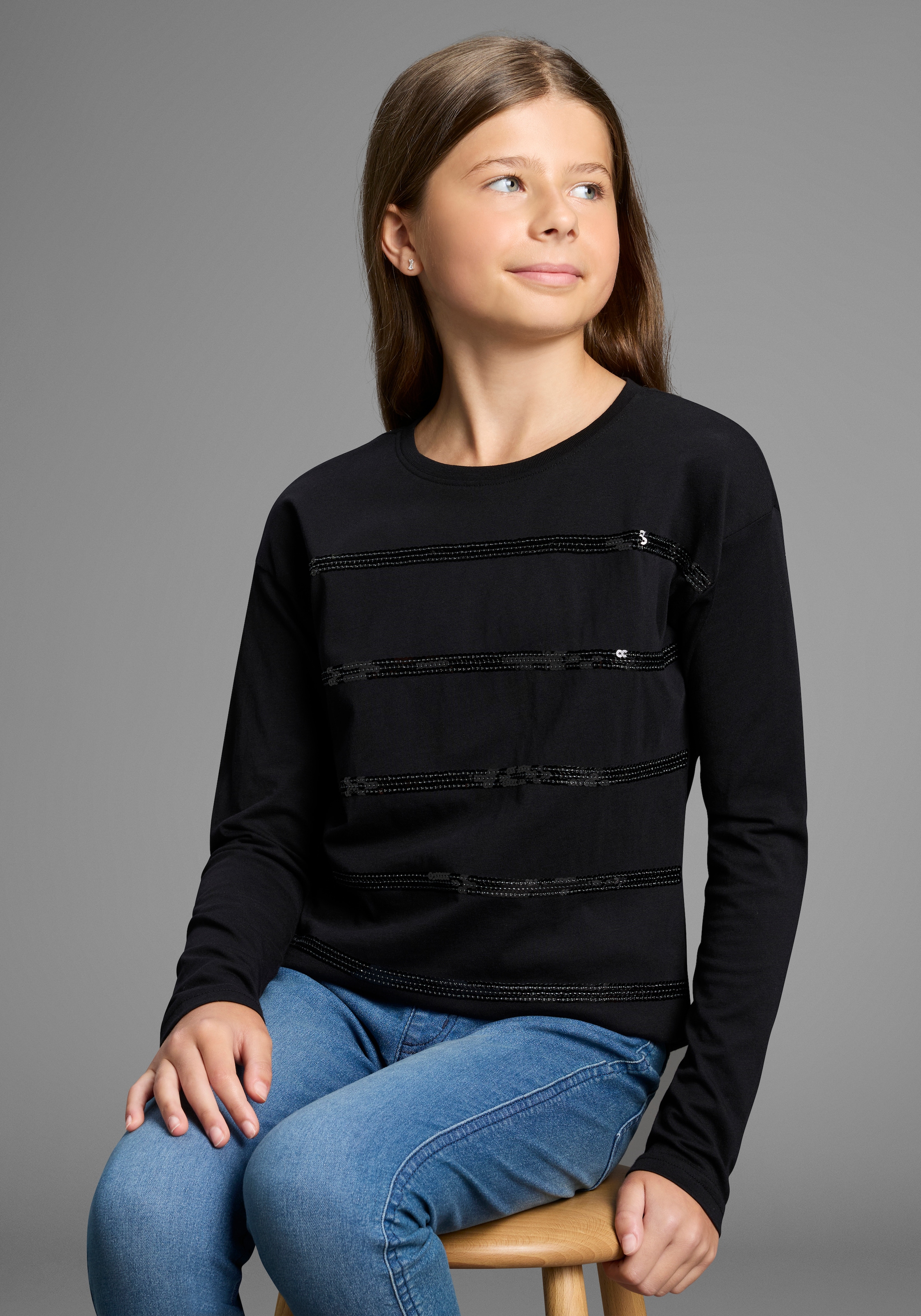 Bruno Banani Langarmshirt "Shirt mit Paillettendetails für Mädchen" Für TEENS, Langarmshirt mit Pailletten