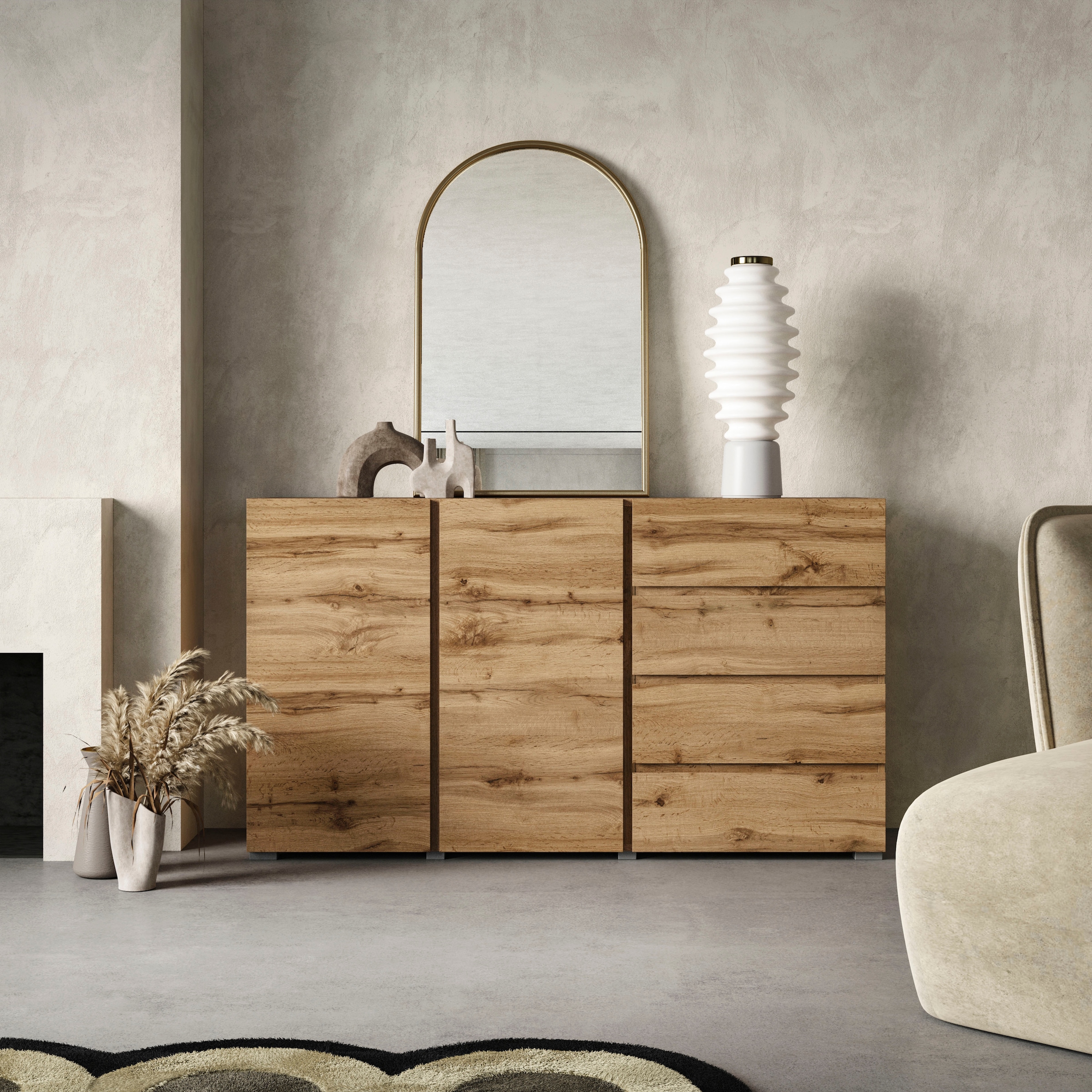 INOSIGN Sideboard »Asymetric, Breite 138 cm, grifflose Kommode 2 Türen/4 Schubkästen«, Schubladenschrank mit viel Stauraum, Einlegeböden verstellbar