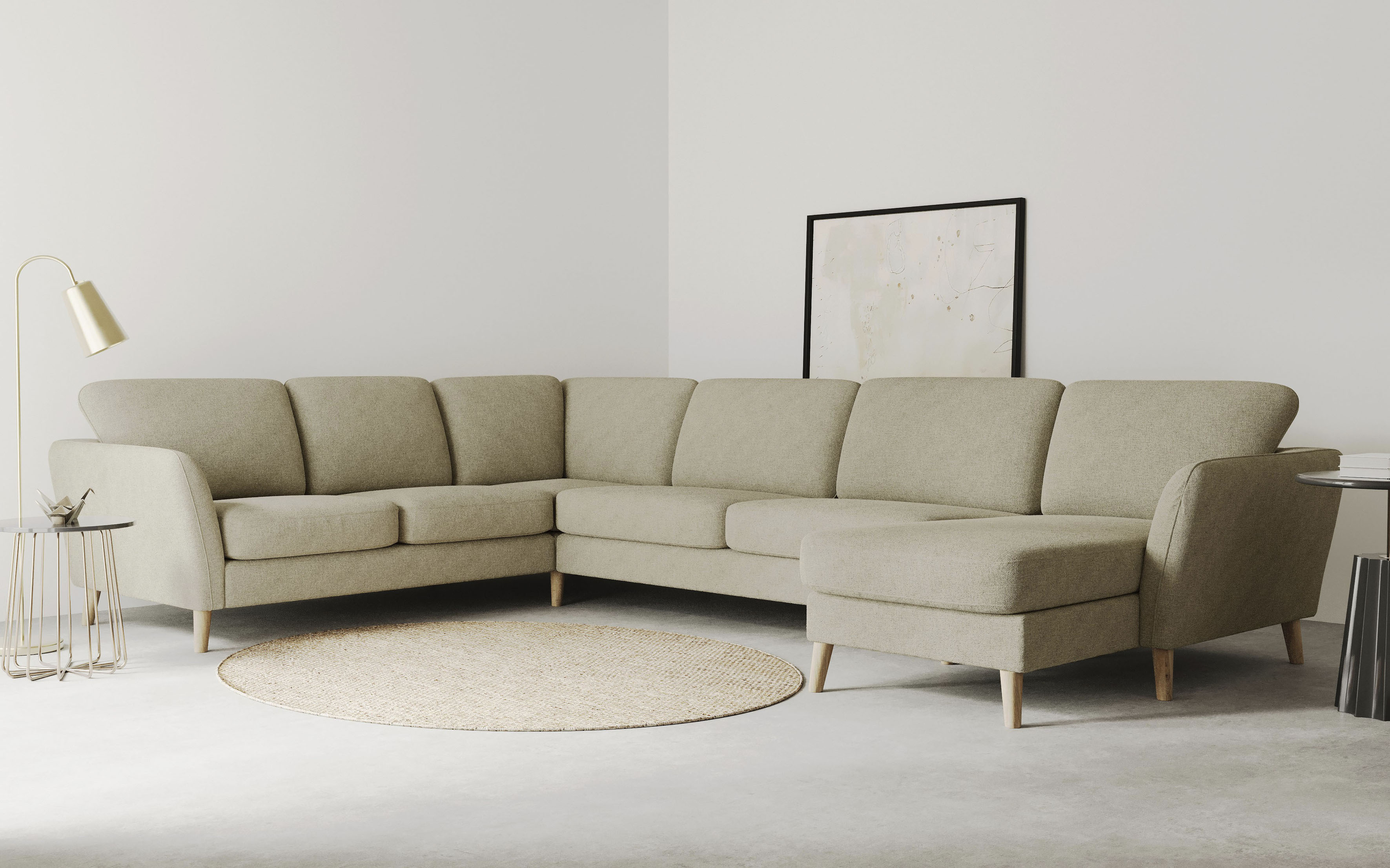 OTTO home Wohnlandschaft "MARSEILLE XXL 349cm, U-Form, Ottomane rechts/links wählbar" Massivholzbeine Eiche, Landhausstil, Wellenunterfederung