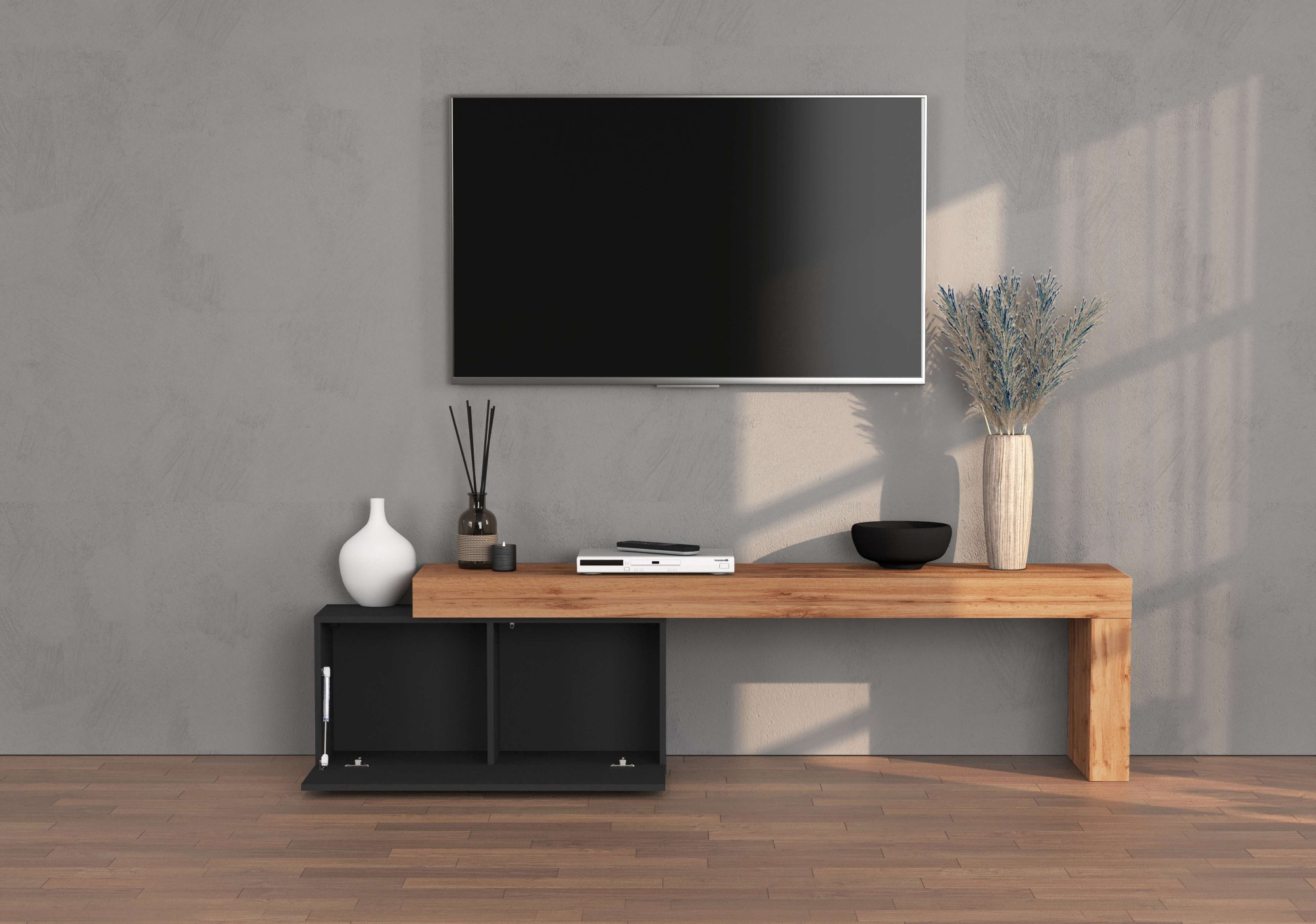 INOSIGN Lowboard »Chronos TV-Board, TV-Schrank«, (1 St., Breite verstellbar von 180 bis 260 cm), Breite 220 cm TV-Board,Lowboard,1 Klappe und ein L-Förmiger Aufsatz