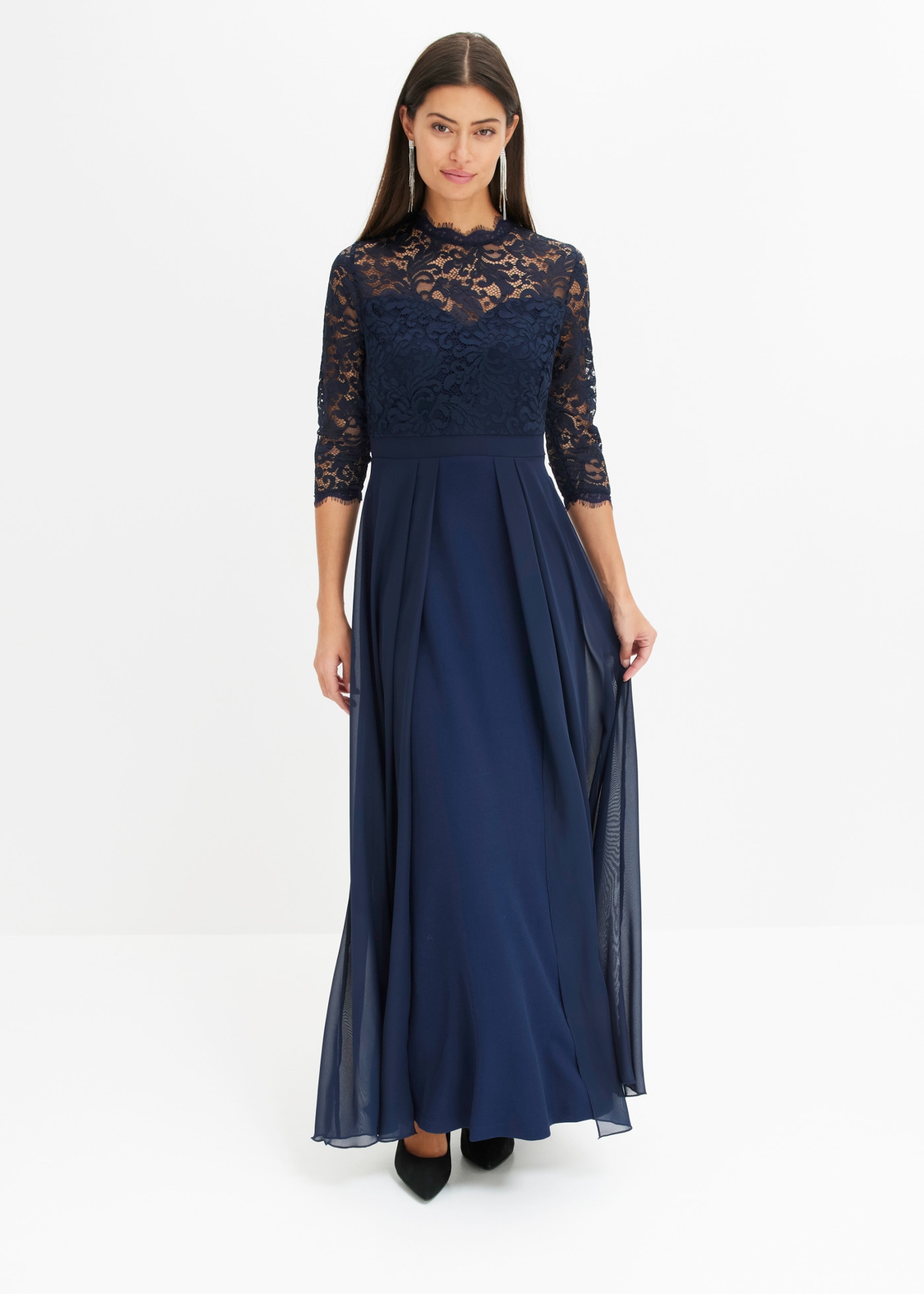 bonprix Maxikleid toller Mix aus Spitze, Chiffon und Crêpe, 3/4 Ärmel, Rock im Lagenlook