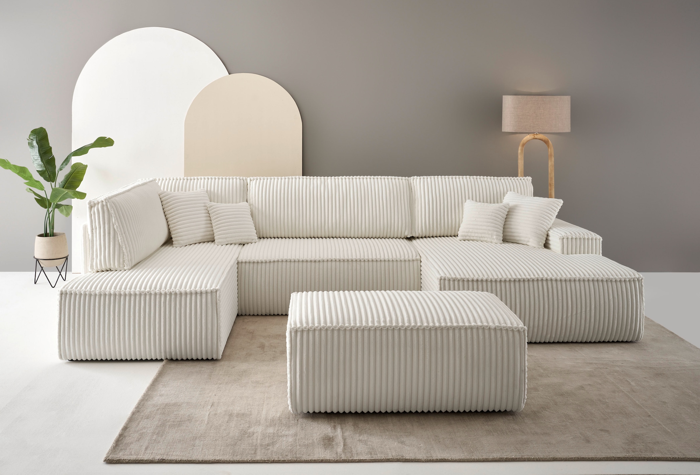 andas Wohnlandschaft »FINNLEY U-Form XXL 329 cm, Schlafsofa, Schlaffunktion m. Bettkasten«, (194/139 cm), Bouclé, Struktur und Cord