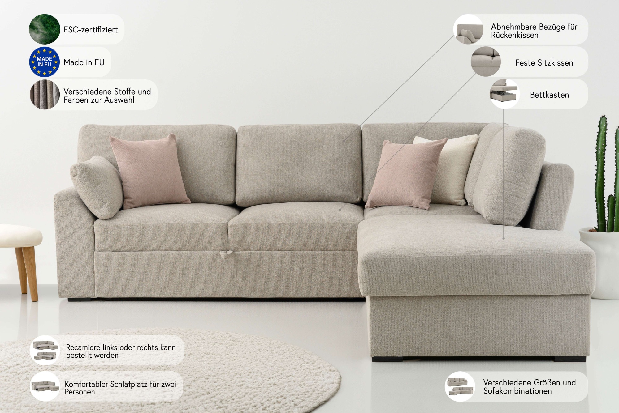 Home affaire Ecksofa »Citry«, Breite 242 cm, Chenille, Bettfunktion, Bettkasten, L-Form