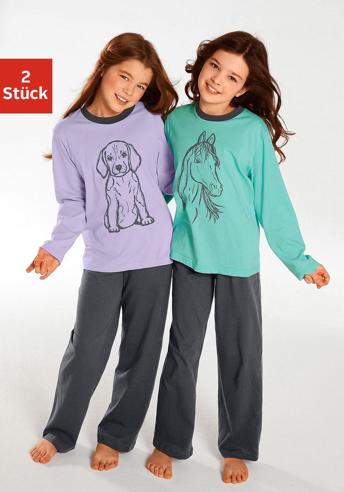 Vivance Pyjama 4 tlg. langer Schlafanzug mit Hunde- und Pferdedruck, aus Baumwolle