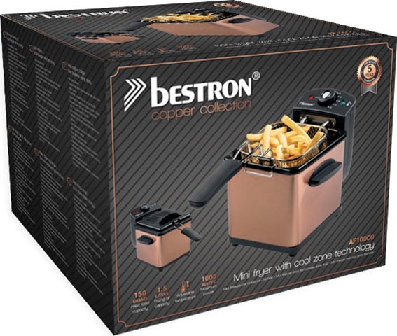 bestron Fritteuse »AF100CO, kleine Fritteuse mit Edelstahl-Korb für eine Portion«, 1000 W, Fassungsvermögen 1,5 l, Kaltzonentechnologie, Temperaturkontrolle bis 190°C, Ölfilter