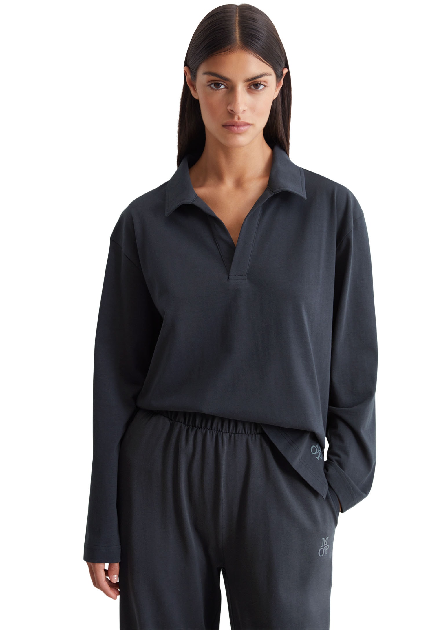 Marc OPolo Langarm-Poloshirt "Heavy Jersey-Woven", V-Ausschnitt, Langarm günstig online kaufen