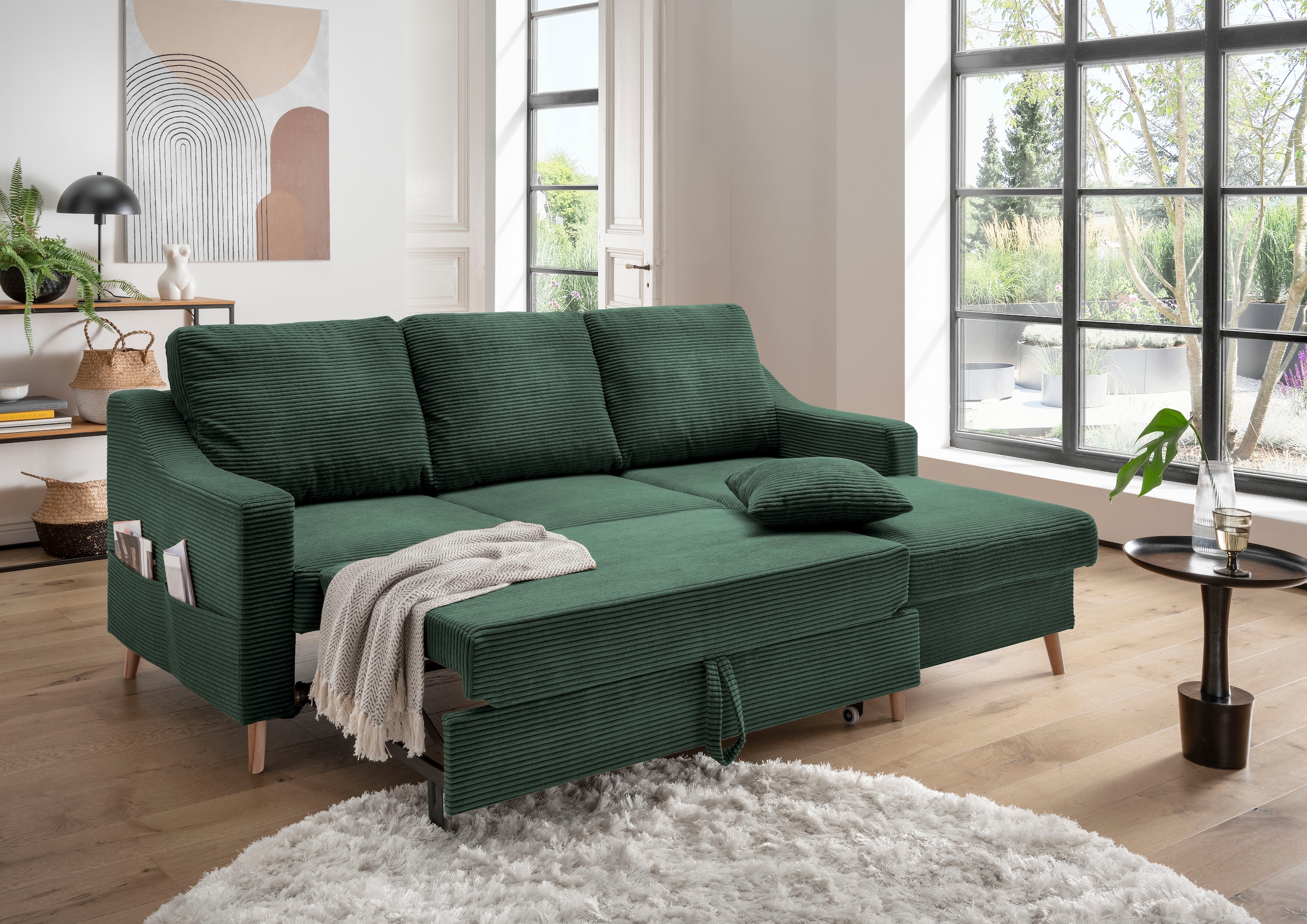 INOSIGN Ecksofa »Valentina L-Form«, 2 Zierkissen, mit Seitentasche, ausziehbarer Liegefläche, Bettkasten