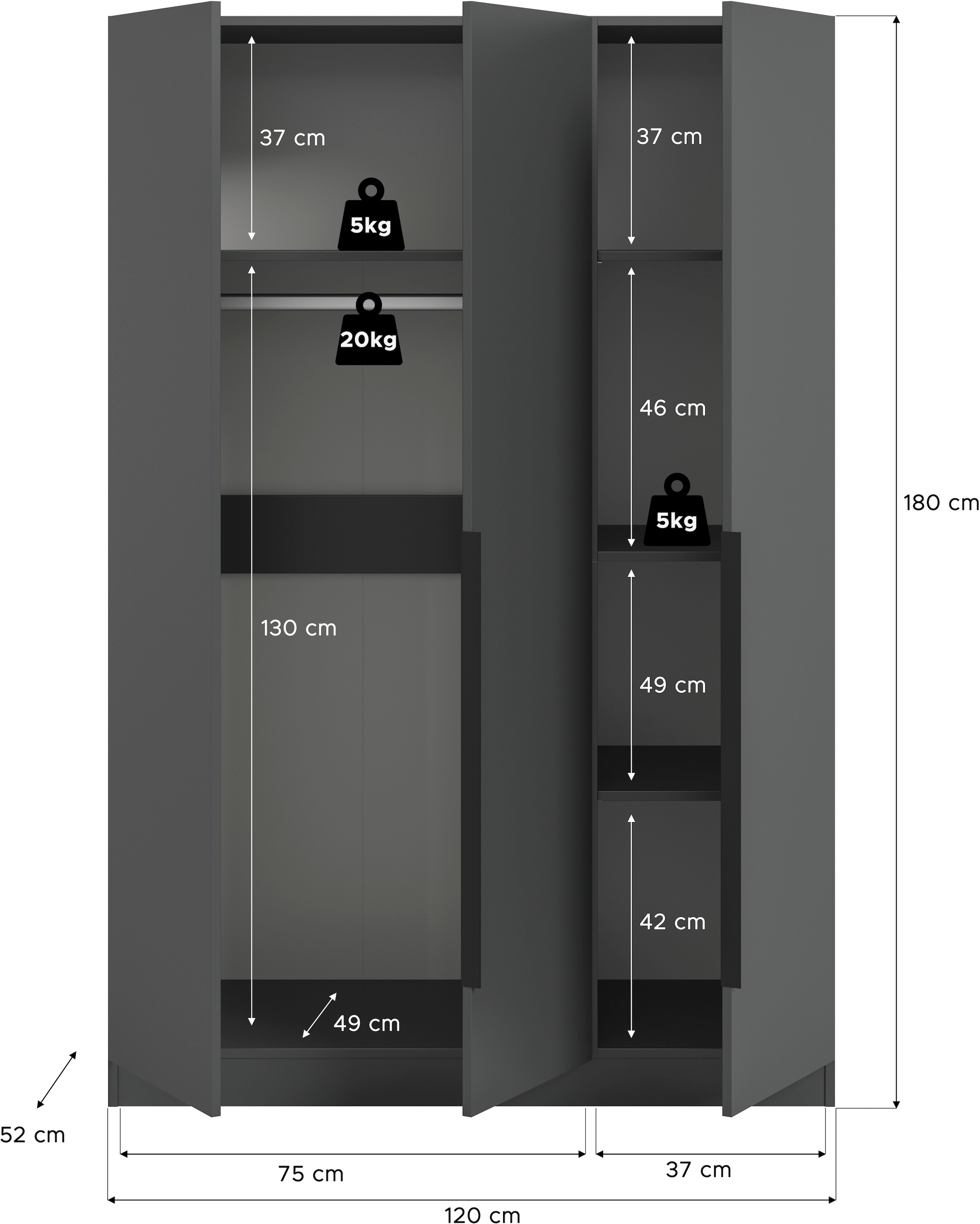 Home affaire Kleiderschrank »Skarde Schlafzimmerschrank, Garderobe, Schrank, Bestseller«, (Otto Bestseller Garderobe Schlafzimmerschrank), Breite: 120 cm, anthrazit, Kleiderstange 4 Böden