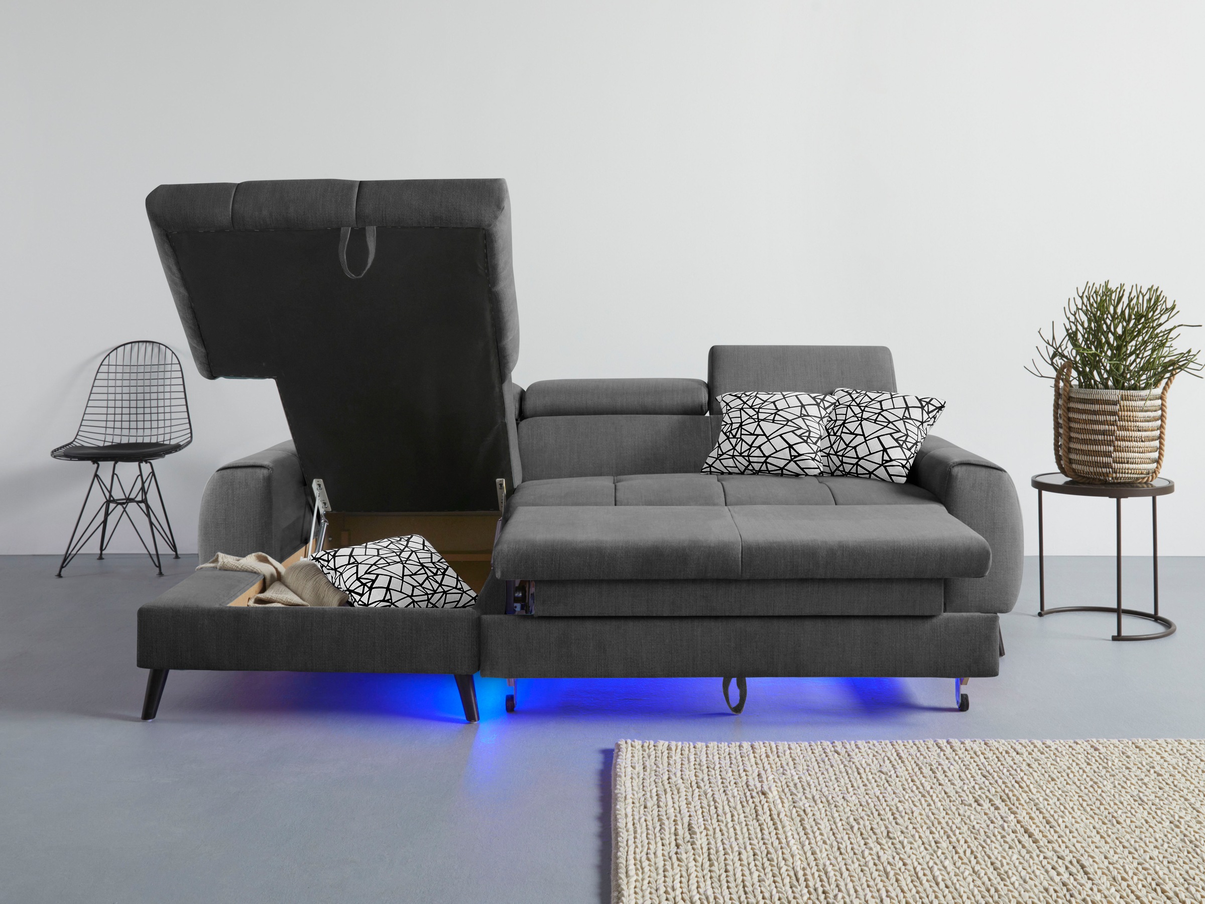COTTA Ecksofa »Mia L-Form mit 3 Zierkissen«, wahlweise mit Bettfunktion, Bettkasten, Beleuchtung & Wireless-Charger