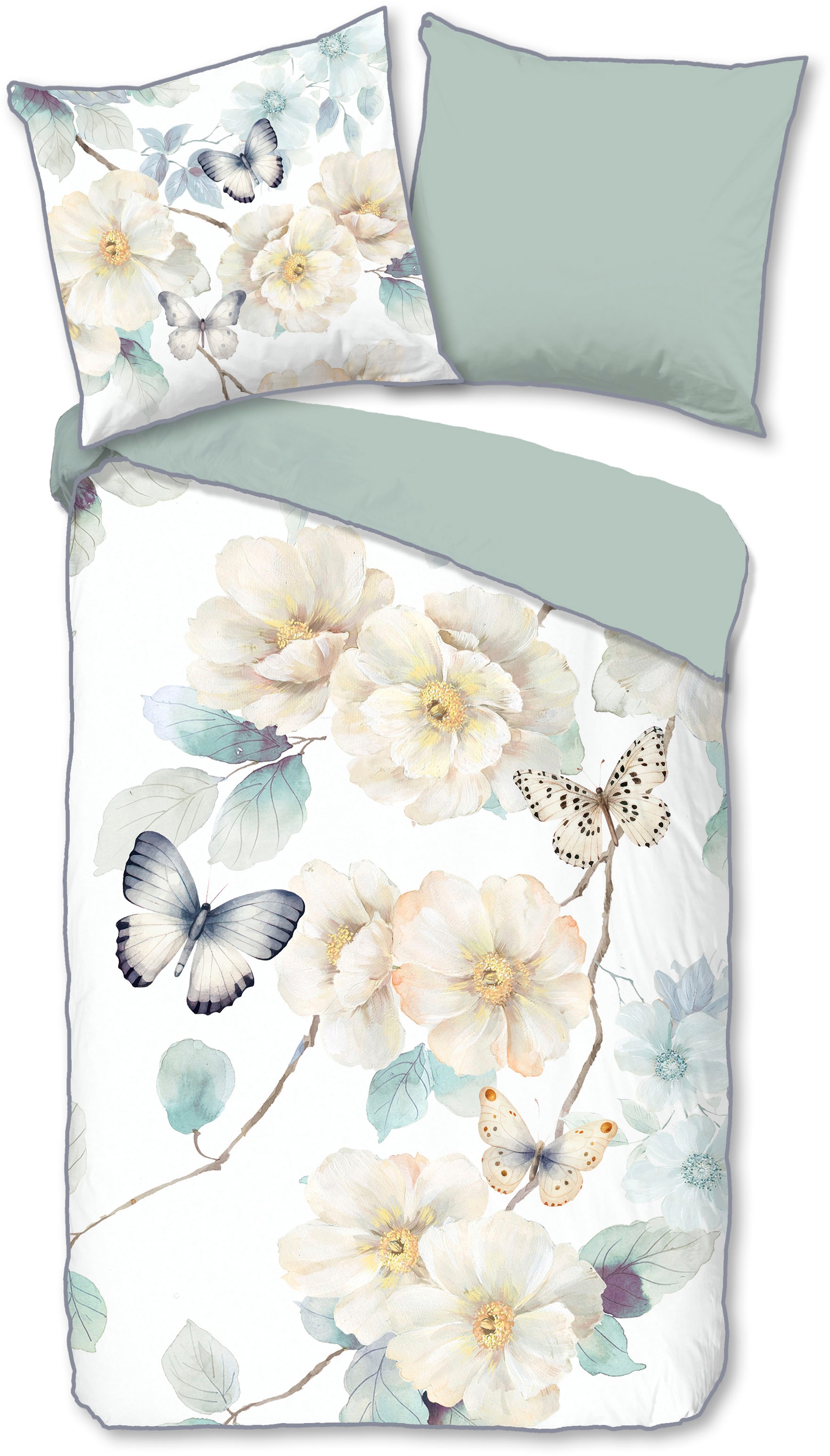 Descanso Wendebettwäsche "Adiwanya" 2 Stk. Satin, Reißverschluss, Paspel, Biese, Wendeoptik, Luxe, Blumen, weiß