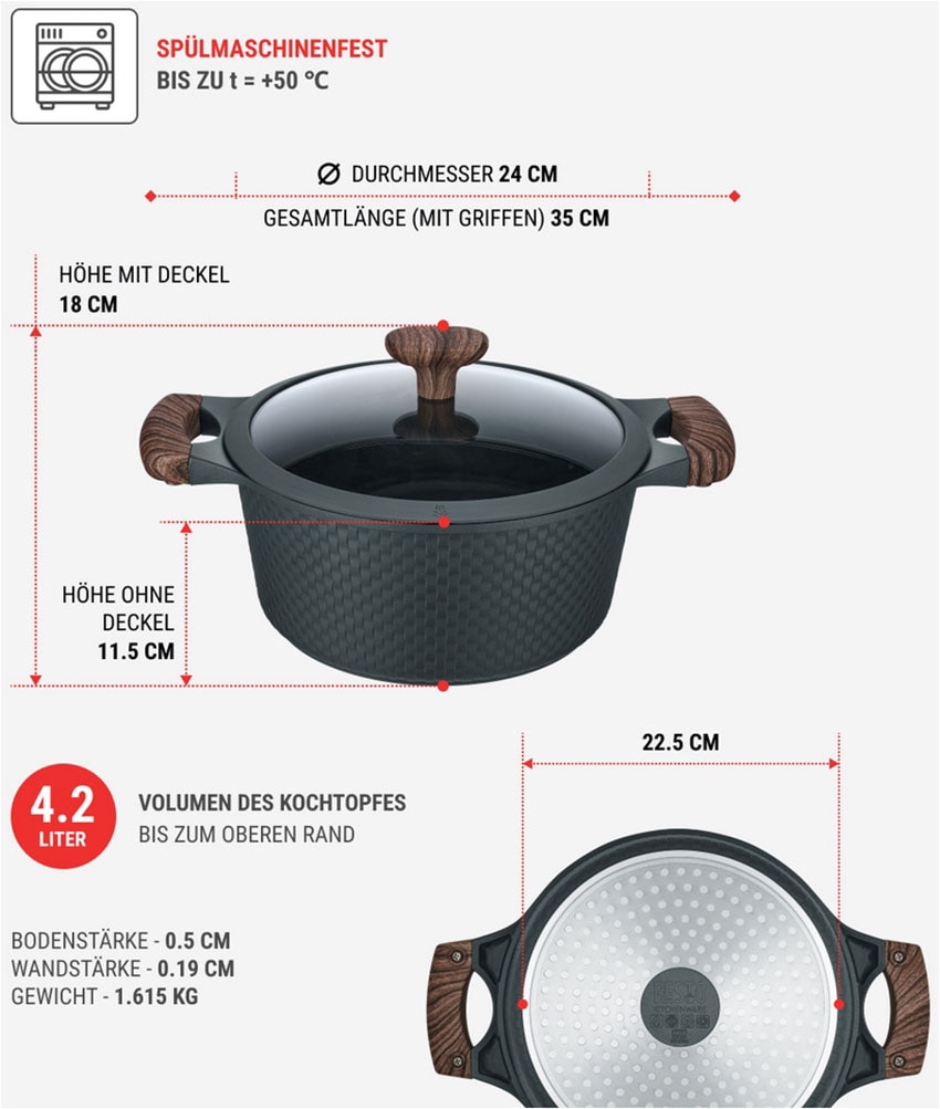 RESTO Kitchenware Bratentopf »Ran, Kochtopf antihaftbeschichtet und spülmaschinenfest«, Aluminiumguss, (2 tlg.), Geeignet für alle Herdarten, auch Induktion, im Geschenkkarton