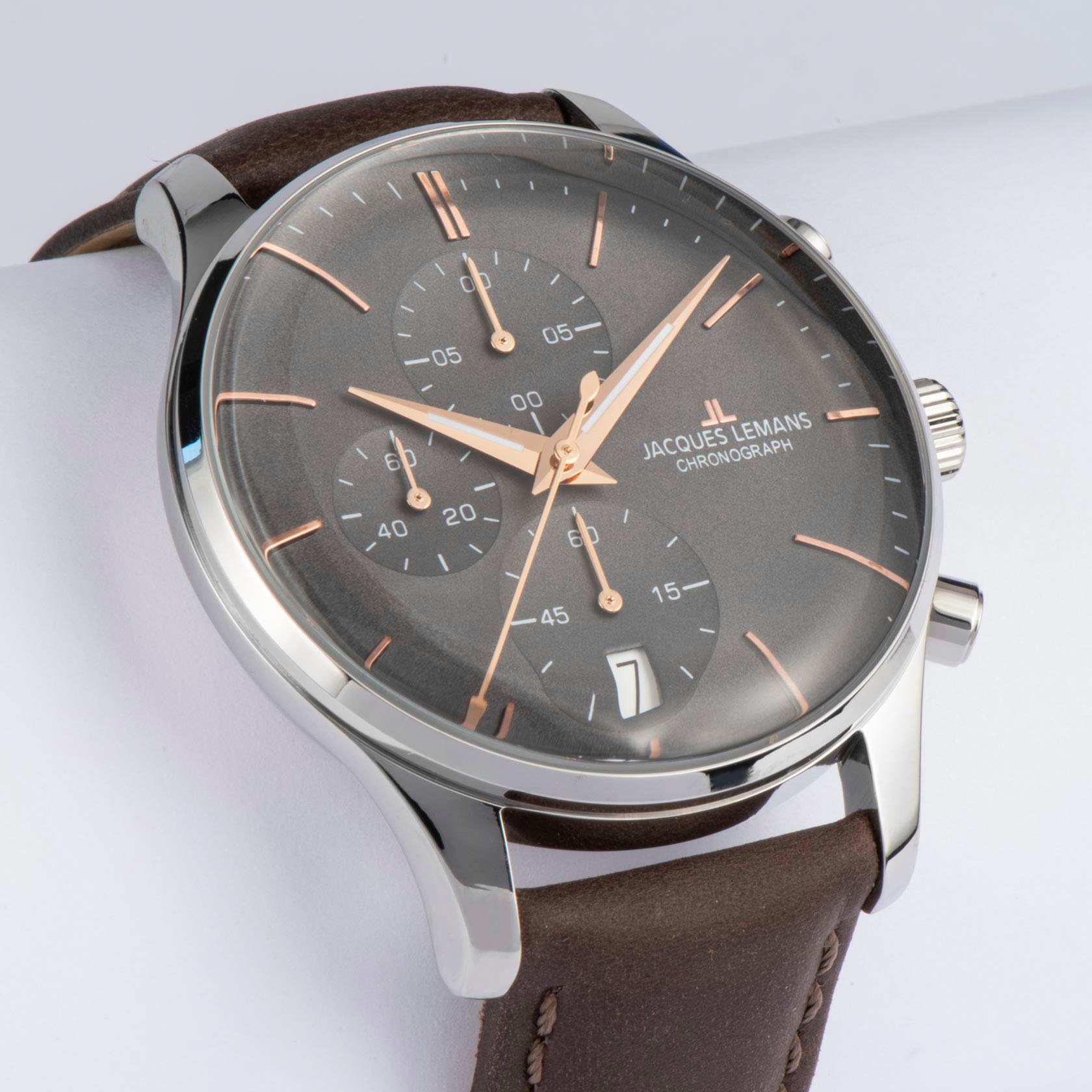 Jacques Lemans Chronograph »London«, Quarzuhr, Armbanduhr, Herrenuhr, Lederarmband, Stoppfunktion, Datum
