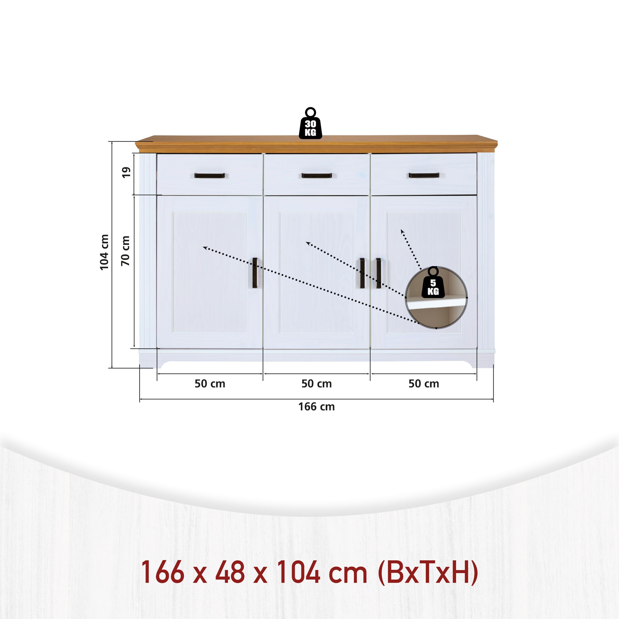 Inter Link Sideboard »Maluno« 1 Stk. tlg. Kiefer Massiv, Soft-Close, Stauraum, BxTxH: ca. 166,4 x 48,3 x 104 cm