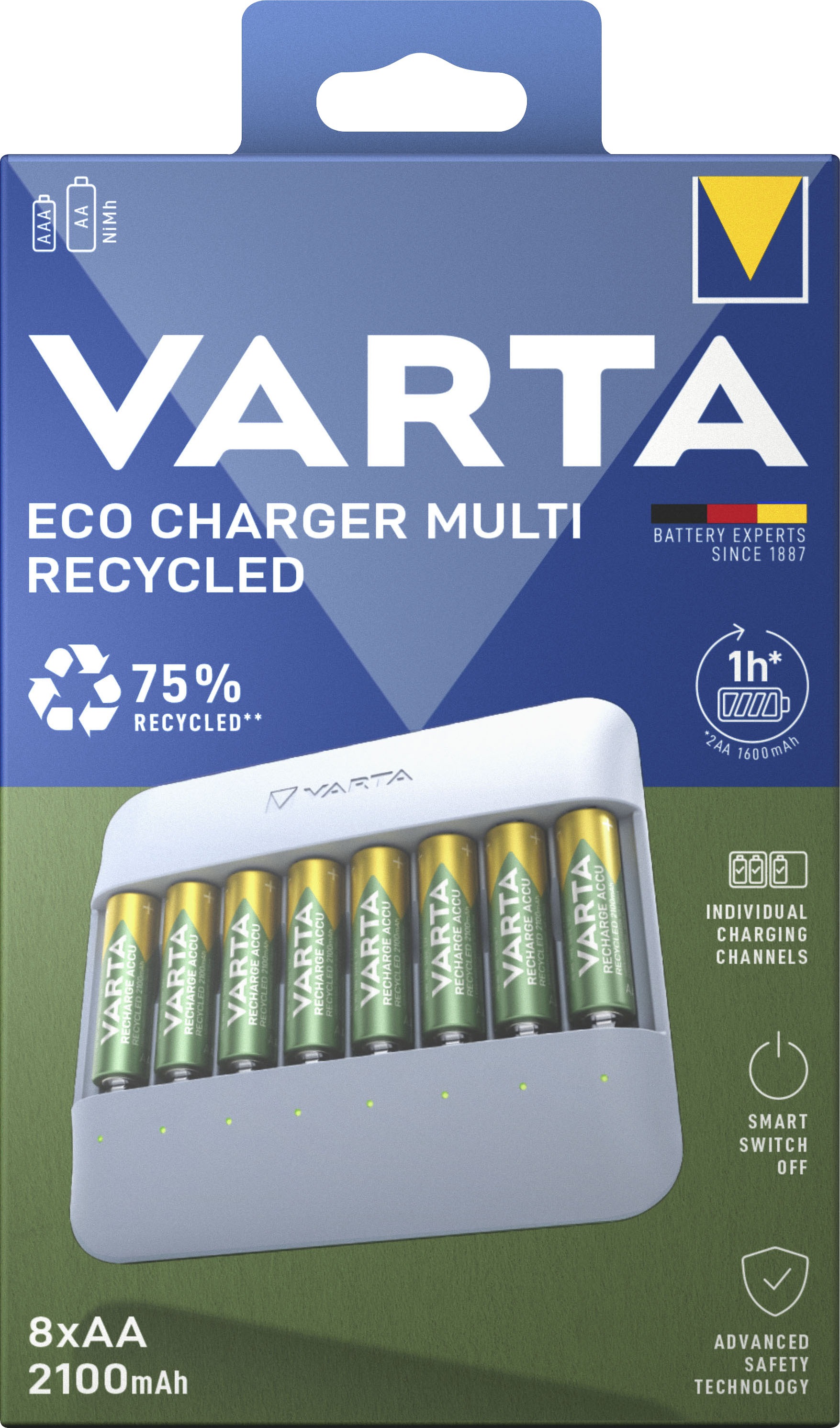 VARTA Batterie-Ladegerät »Eco Charger Multi Recycled + 8x AA 2100 mAh«, 2000 mA, (Packung)