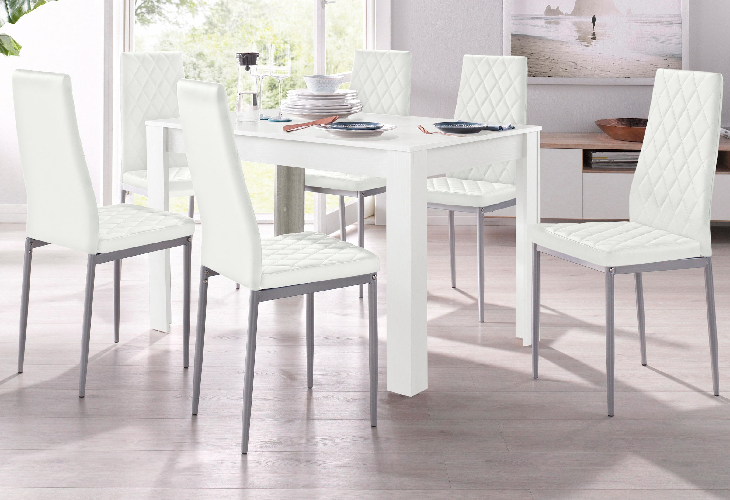 OTTO home Essgruppe "Tisch, Stuhl" Set, 5tlg. Set. Tisch 120 cm plus 4 Stühle, 5 Stk. tlg. Tisch 120 cm, 4 Stühle in Lederoptik