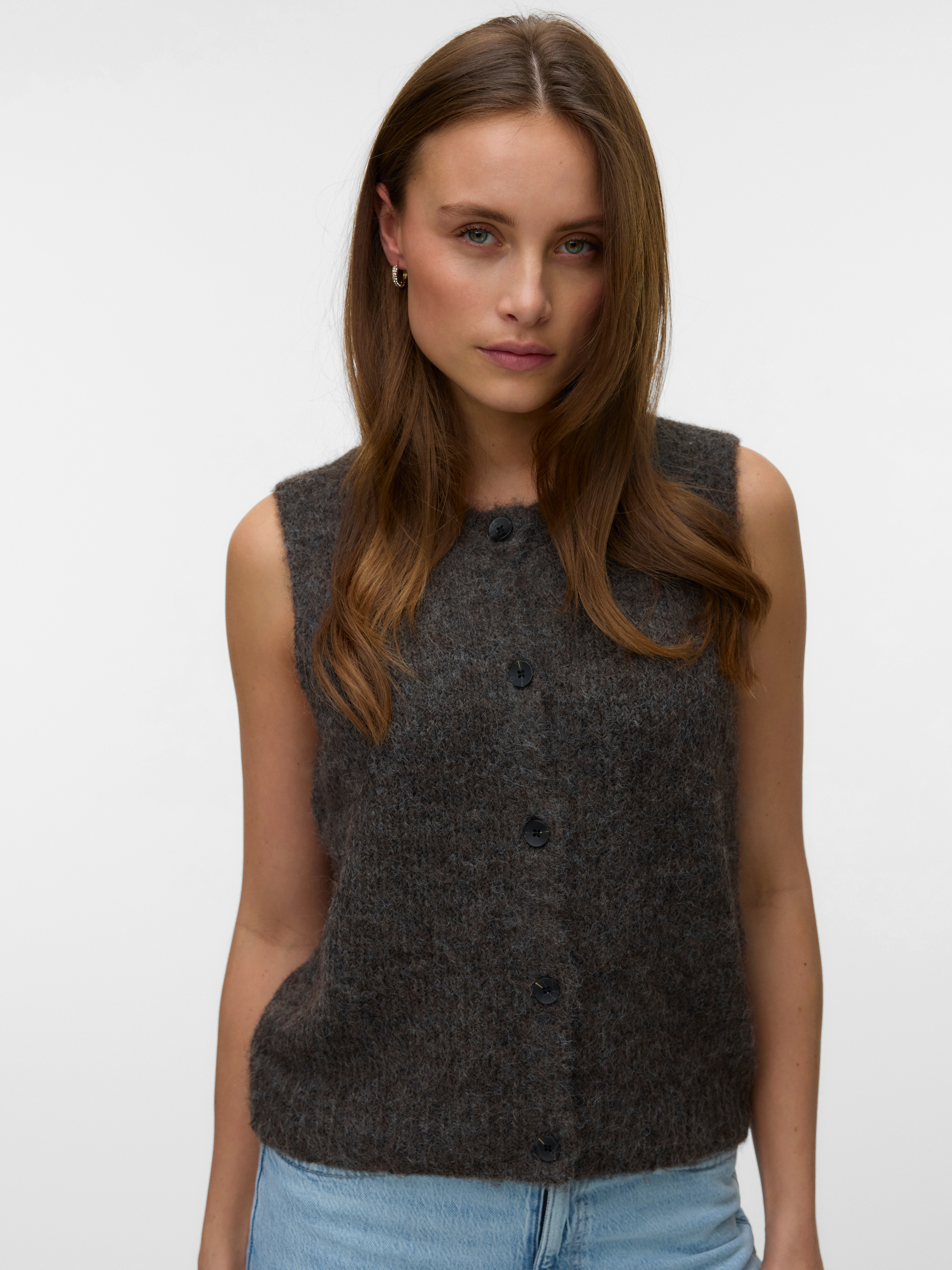 Vero Moda Strickweste "VMNOVAH SL O-NECK BUTTON VEST NOOS" Materialmix, loose fit