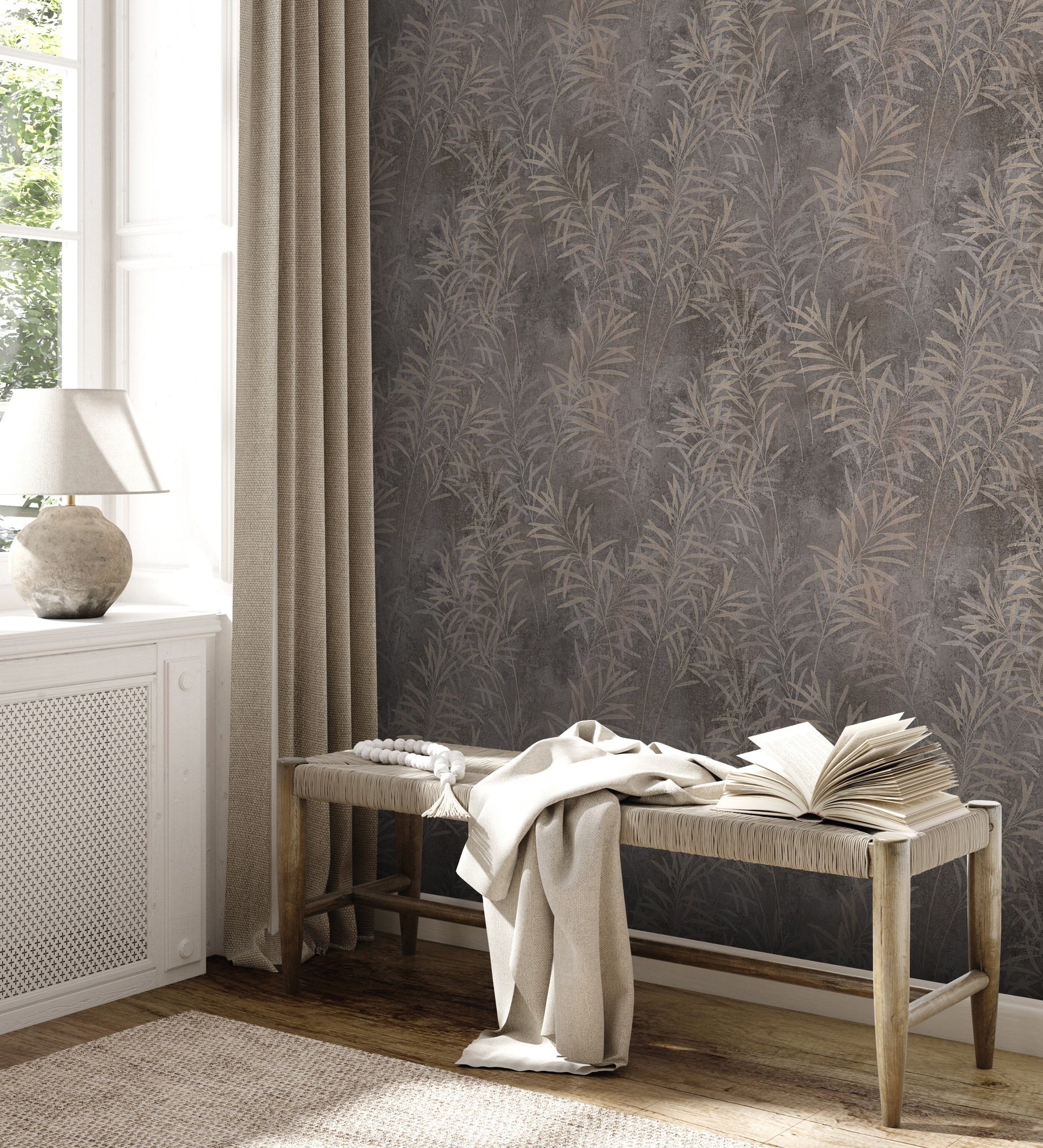 A.S. Création Vliestapete »Terra Tapete Floral Blätter«, matt-gemustert-neutral, Landhaus-Tapete Natur Metallic Tapeten Wohnzimmer Schlafzimmer Küche