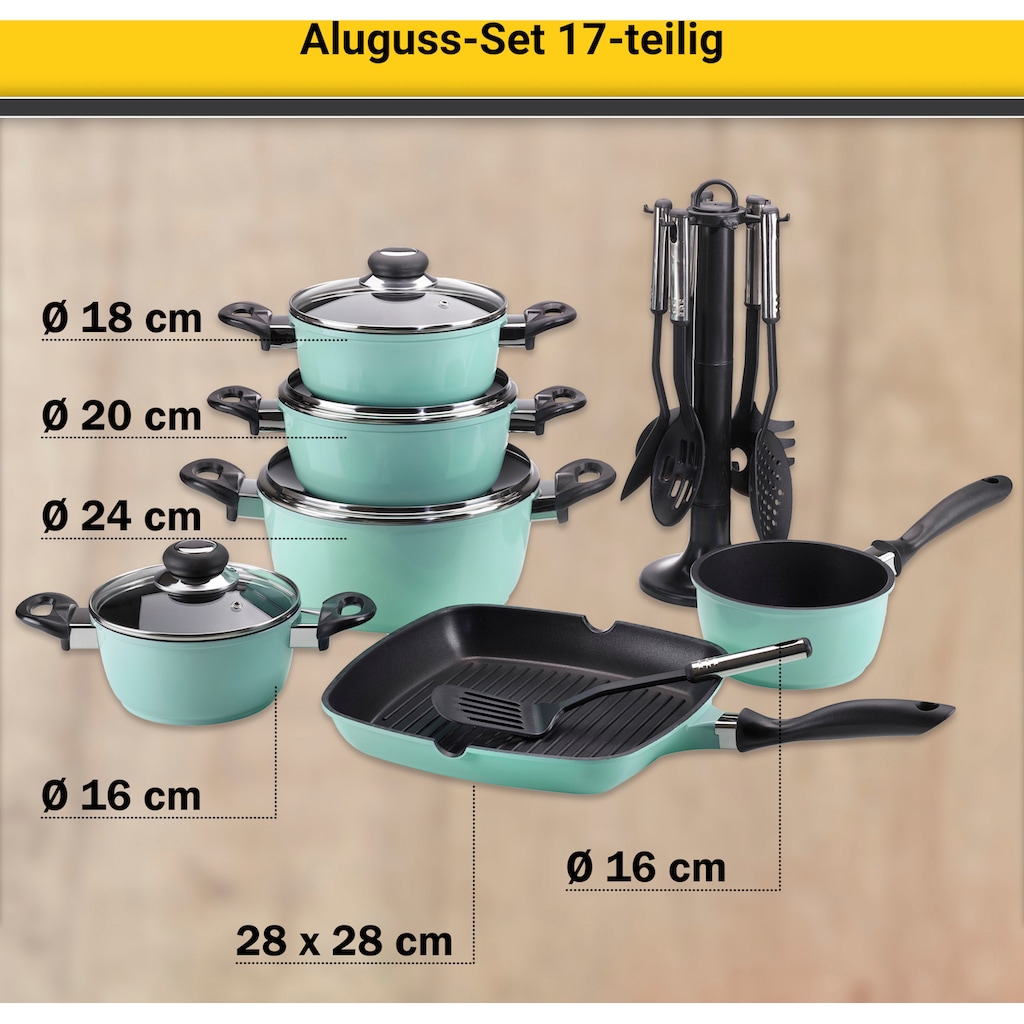 Krüger Topf-Set »Aluguss Topf- und Pfannenset inkl. praktischen Küchenhelfern, 17 tlg.«, Aluminiumguss, (Set, 17 tlg., Fleischtopf 16/18/20/24cm, Stieltopf 16cm Steakpfanne 7 T.Küchenhelfer), inkl. 7-tlg. Küchenhelfer-Set