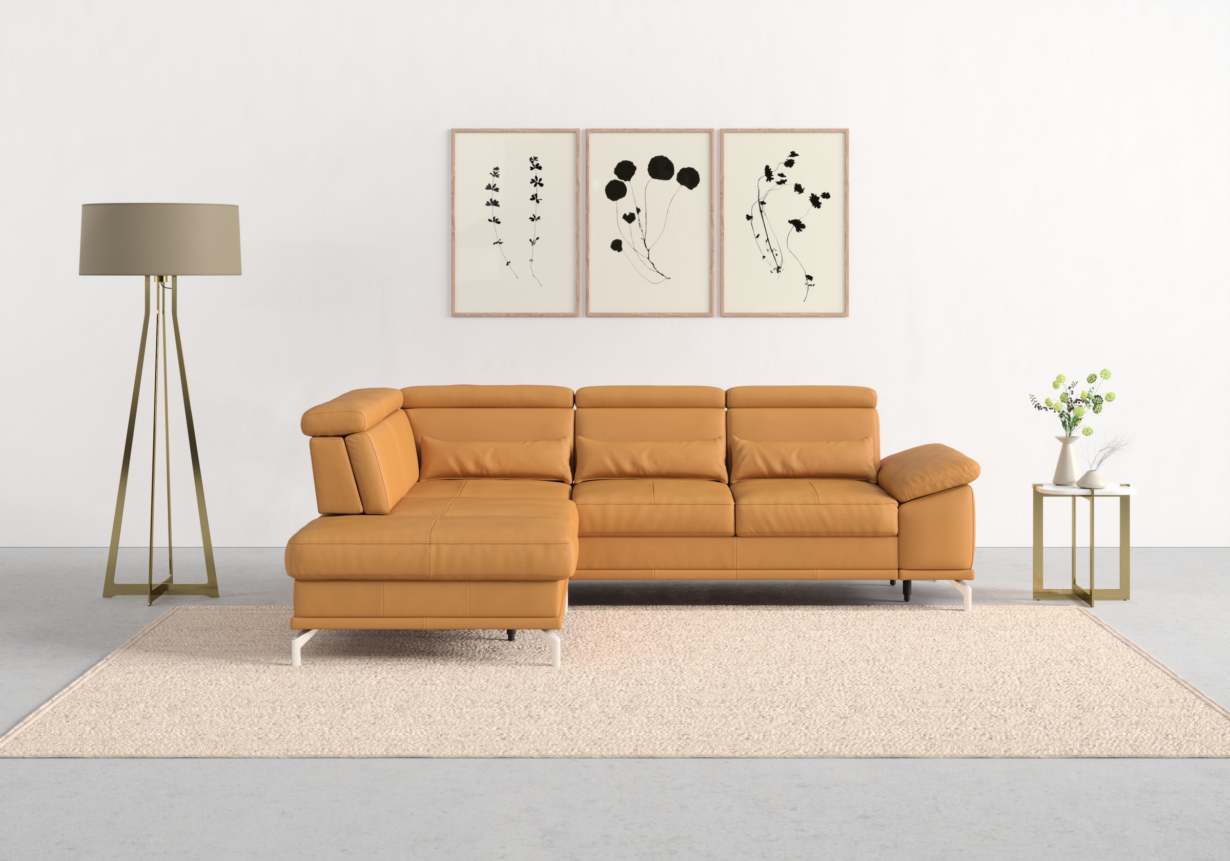 Ecksofa SIT & MORE "Cabrio L-Form, B: 274 cm, mit Sitztiefen-, Arm- & Kopfteilverstellung", gelb (curry), B:274cm H:87cm T:230cm, Sofas, Ecksofa, 3 Nierenkissen, Federkern, optional Bettfunktion und Stauraum