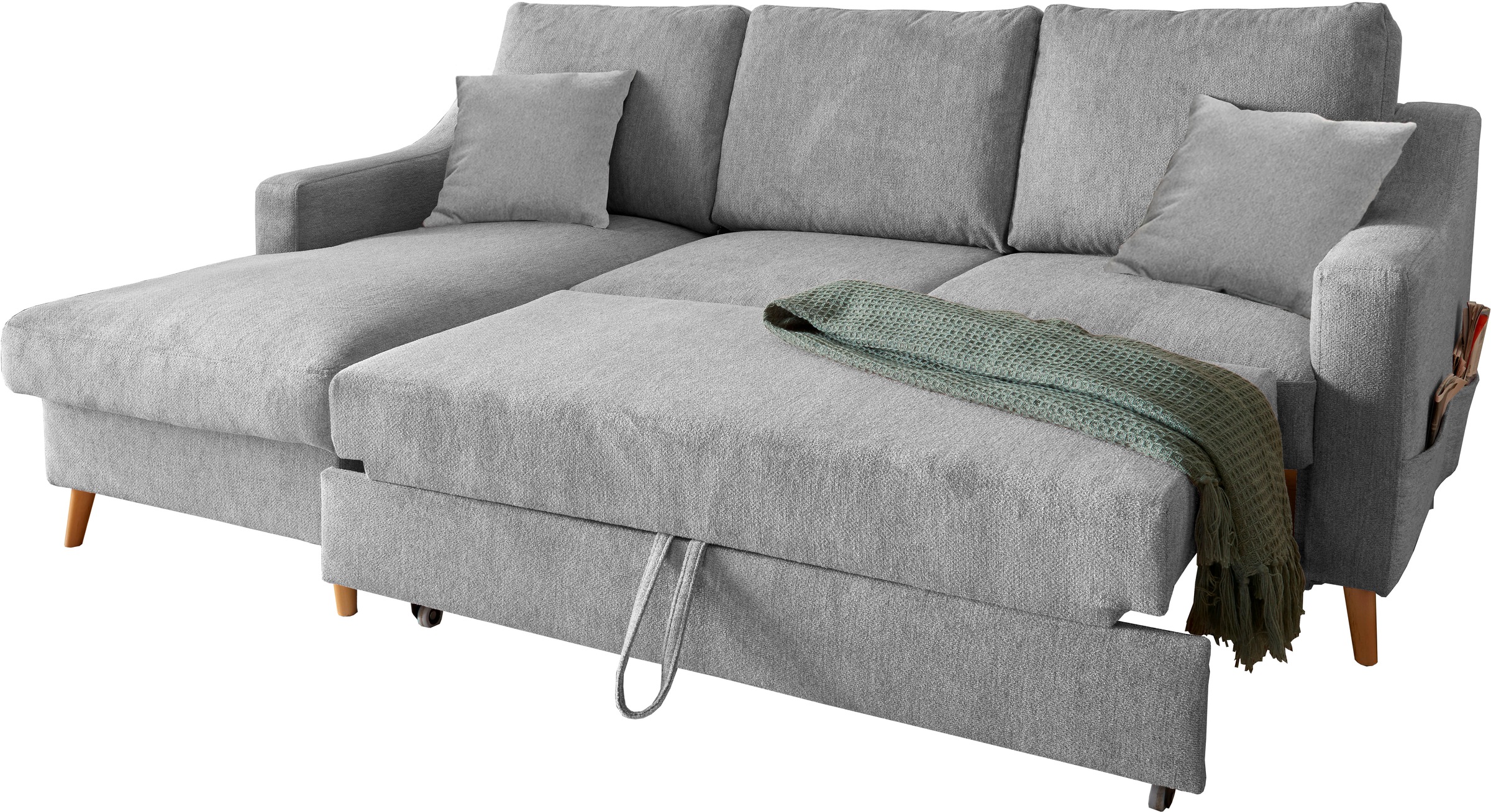 INOSIGN Ecksofa »Valentina L-Form«, 2 Zierkissen, mit Seitentasche, ausziehbarer Liegefläche, Bettkasten