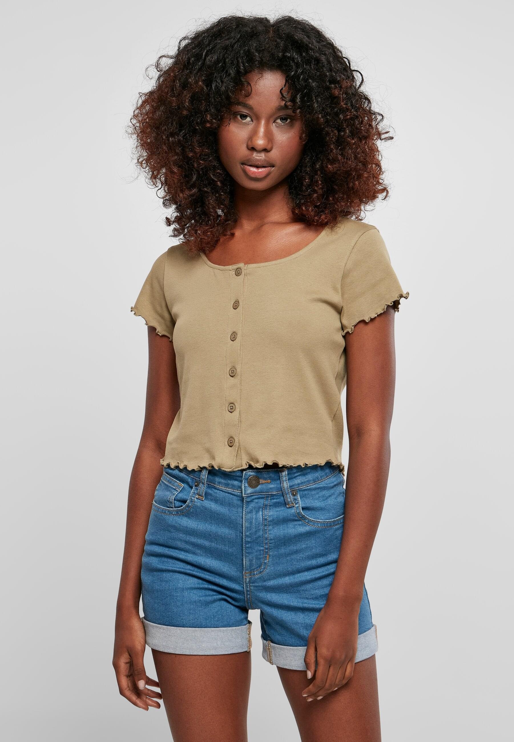 URBAN CLASSICS Kurzarmshirt »Urban Classics Damen Ladies Cropped Button Up Rib Tee«, (1 tlg.)