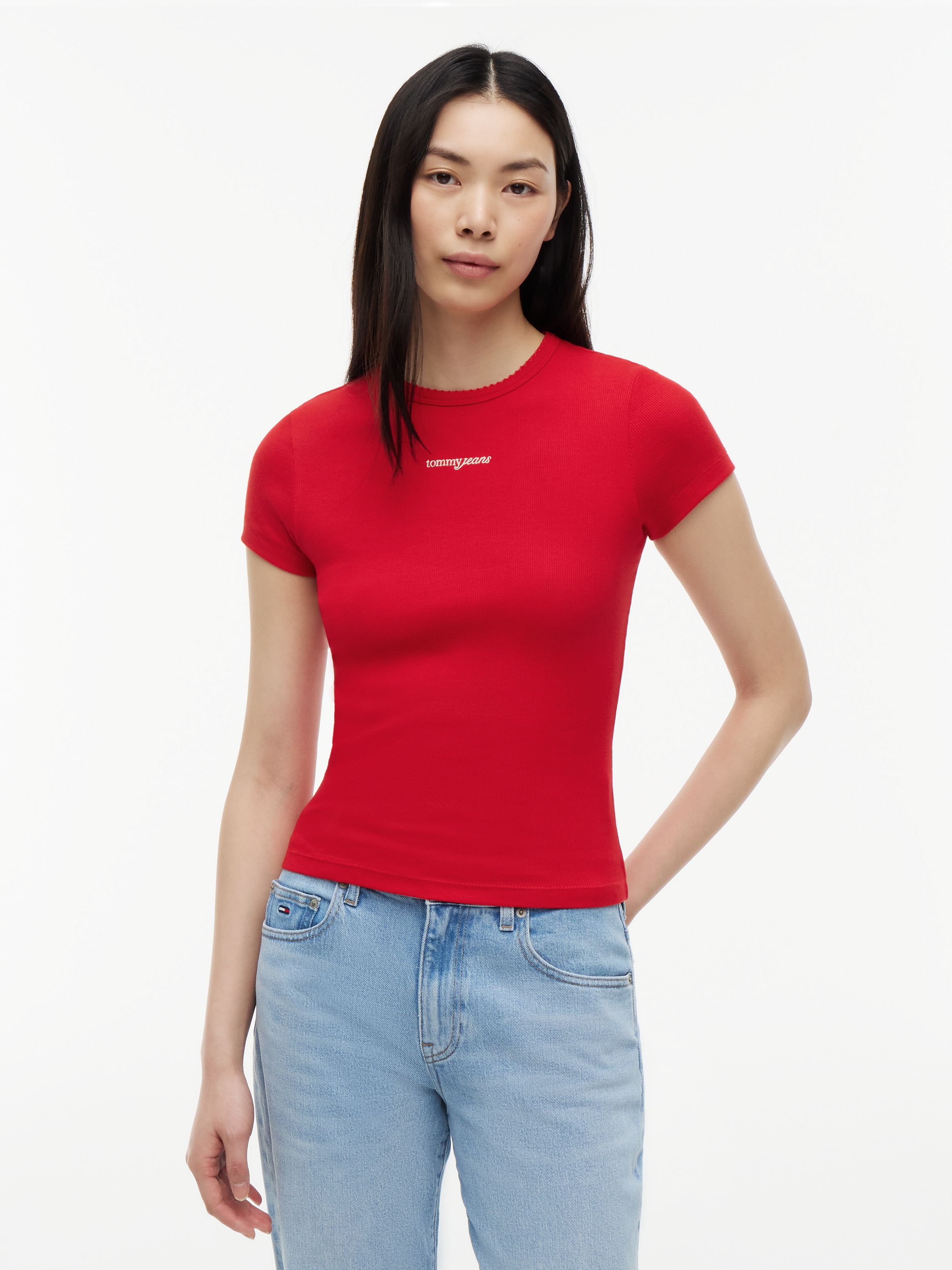 Tommy Jeans Kurzarmshirt »TJW SLIM SCRIPT RIB SS TEE« Baumwollmischung, slim fit, in gerippter Struktur