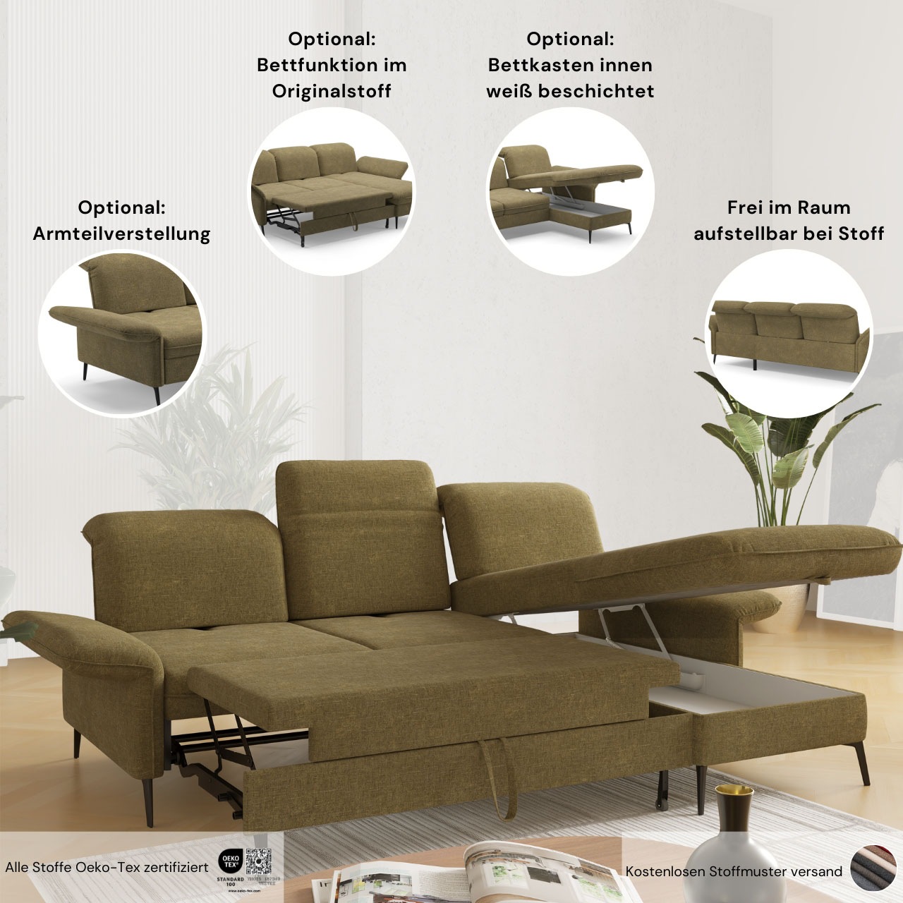 Ecksofa SIT & MORE "Emely, inkl. Sitztiefenverstellung", grau (taupe), B:264cm H:92cm T:198cm, 95%Polyester, 5% Polyamid, Sofas, Ecksofa, wahlweise mit Bettfunktion,Bettkasten,Kopf- & Armteilverstellung 3