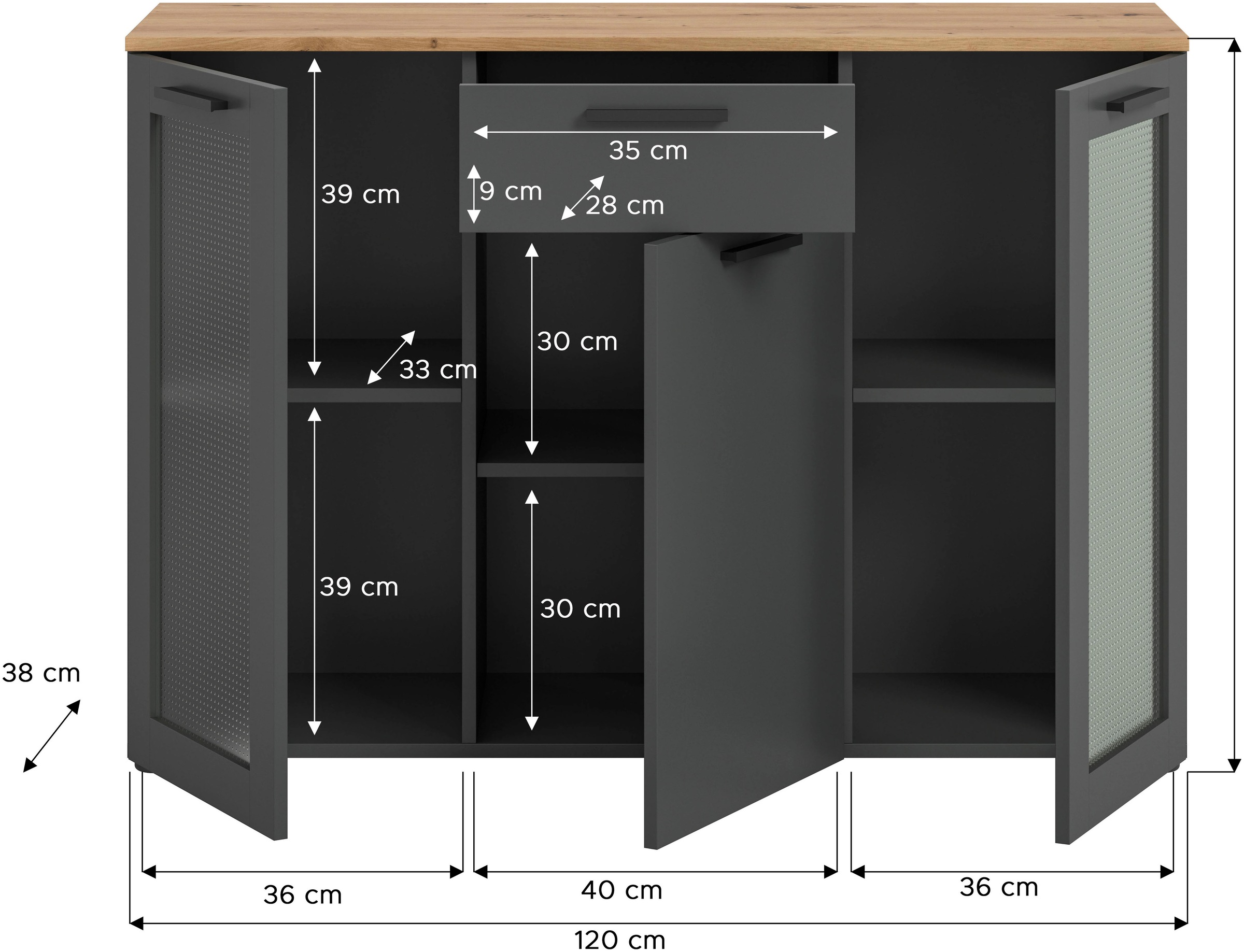 INOSIGN Sideboard »SALKIN, Breite 120cm, 3 Türen (2 mit ESG-Ornamentglas), 1 Schubkasten,«, Anrichte, Schrank, Kommode,Vitrine, Vitrinenschrank Wohnmöbel