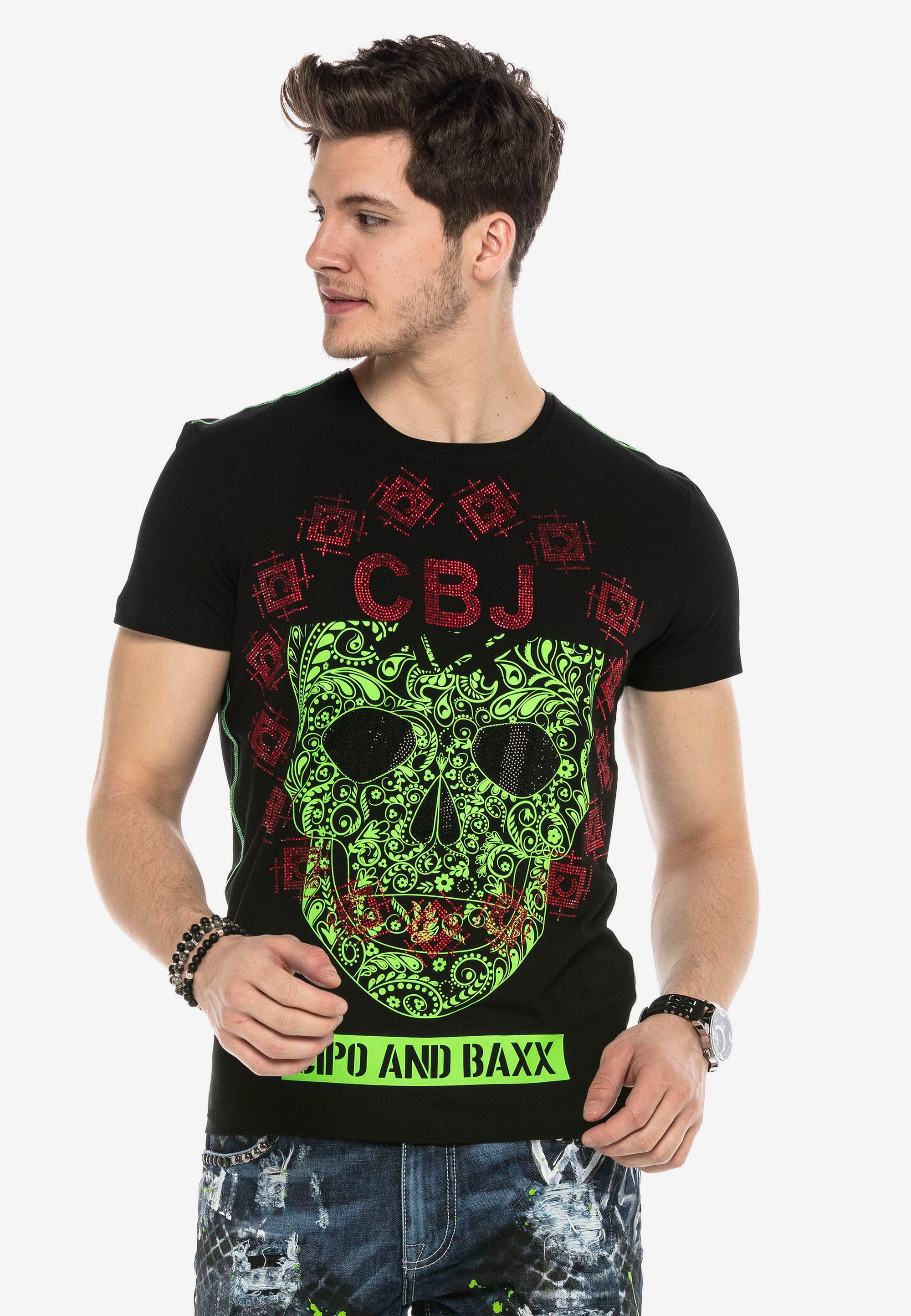Cipo & Baxx T-Shirt, mit stylischem Totenkopfprint