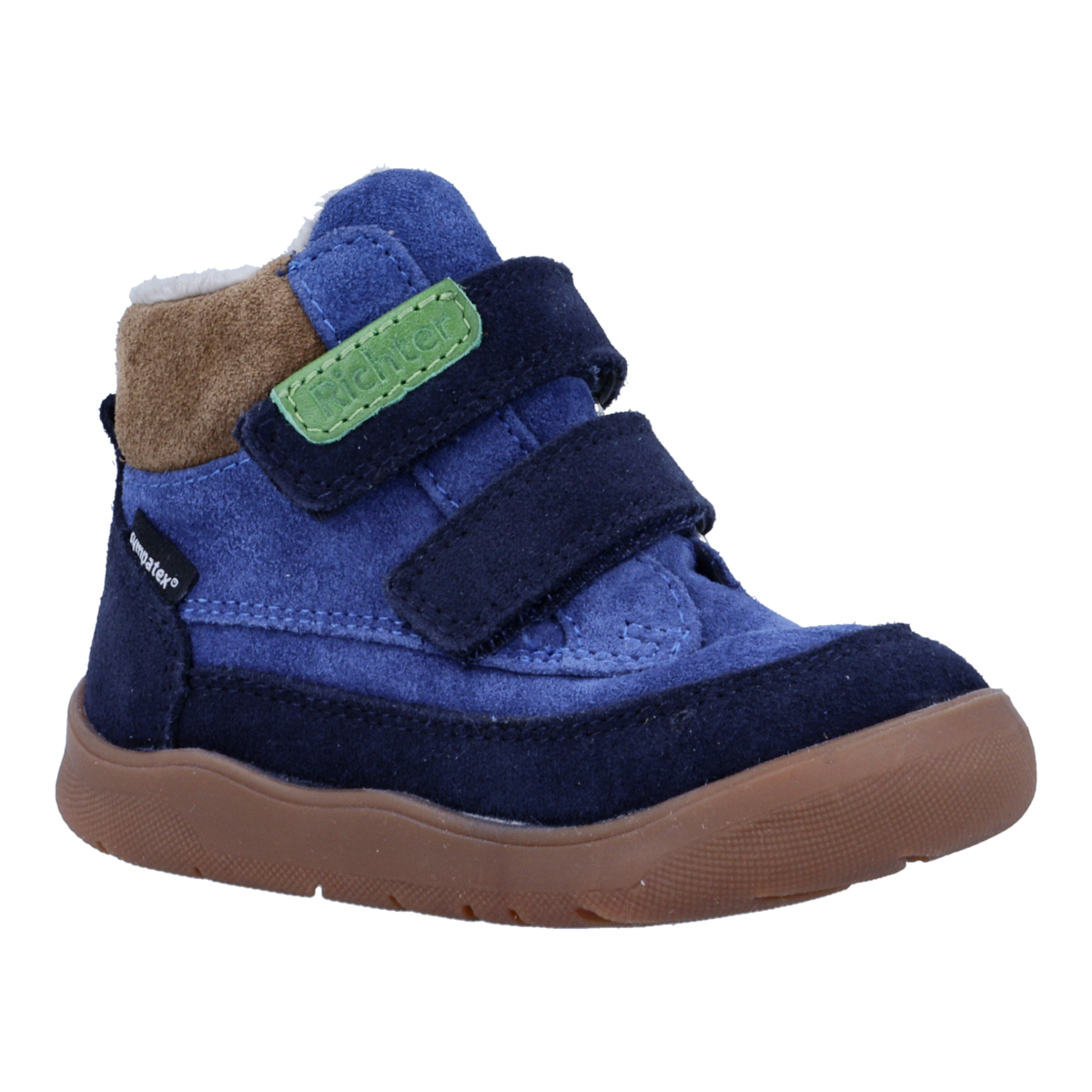 RICHTER Mädchen Barfußschuh "Samy Winter", Gr. 30, blau, Veloursleder, Schuhe, Klettschuh mit Kontrastbesätzen, Größenschablone zum Download