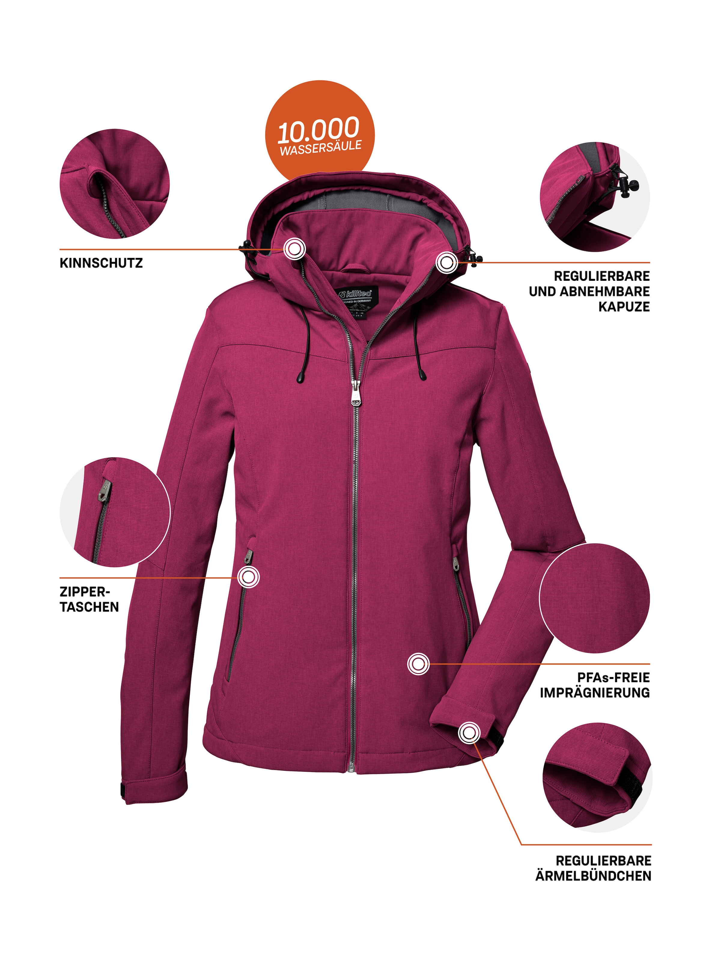 Killtec Softshelljacke »Damen Softshelljacke«, Wasserabweisende, winddichte Softshelljacke mit abnehmbarer Kapuze