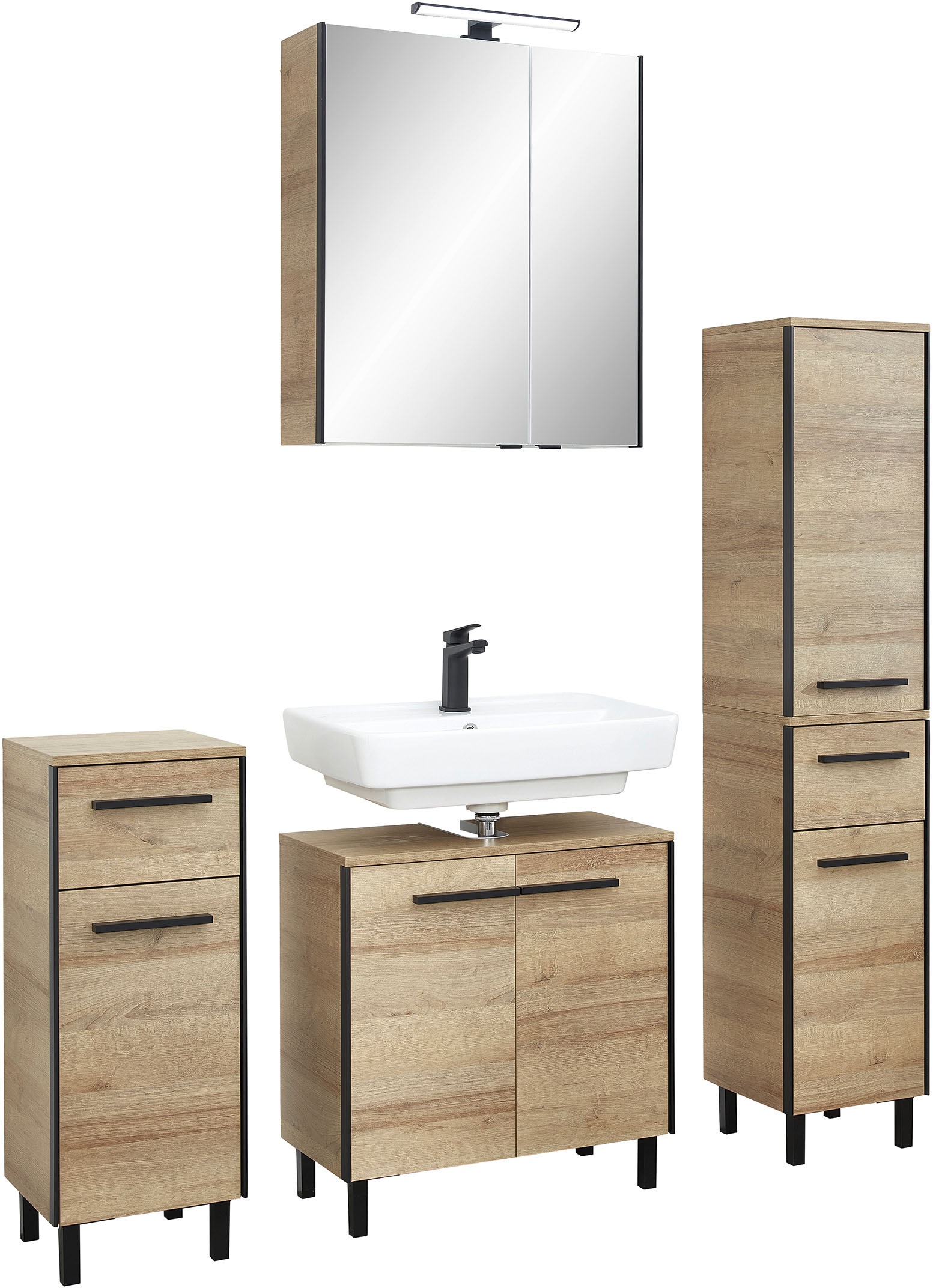 Thumbnail - Saphir Badmöbel-Set "Quickset 395 4-teilig, Waschbeckenunterschrank mit LED-Spiegelschrank", (5 St.), Unterschrank, Midi...
