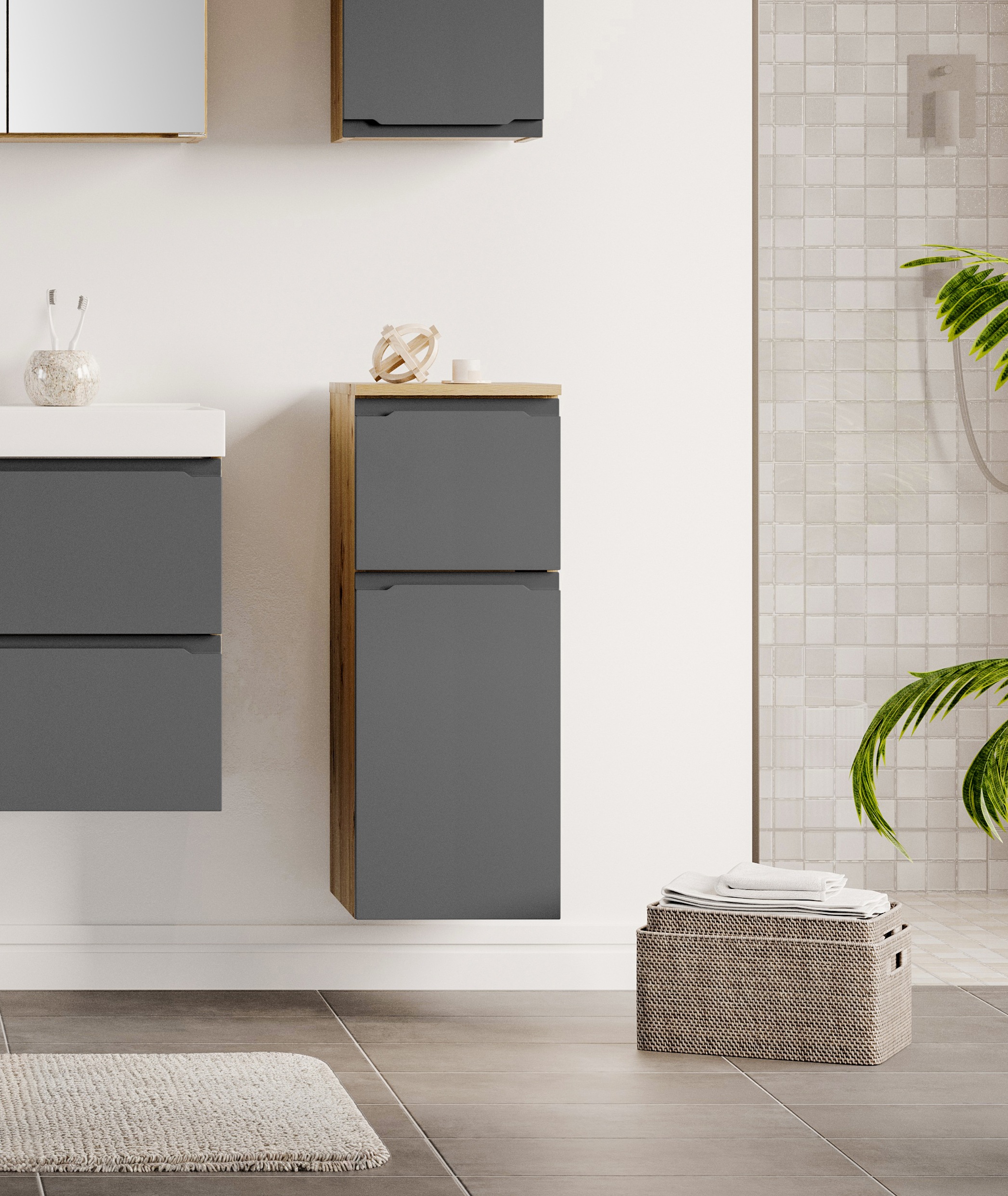 welltime Unterschrank »CABO, gedämpfte Scharniere, Softclose-Auszug« matt grau, griffloses Design, reversibel