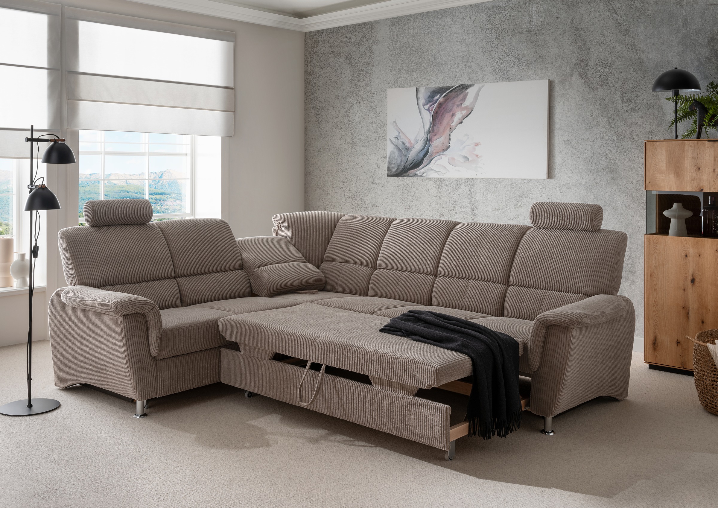 Home affaire Ecksofa »Pisa L-Form, mit Schlaffunktion, Stauraum, 2x höhenverstellbare«, Kopfstützen und Relaxfunktion im Eckelement