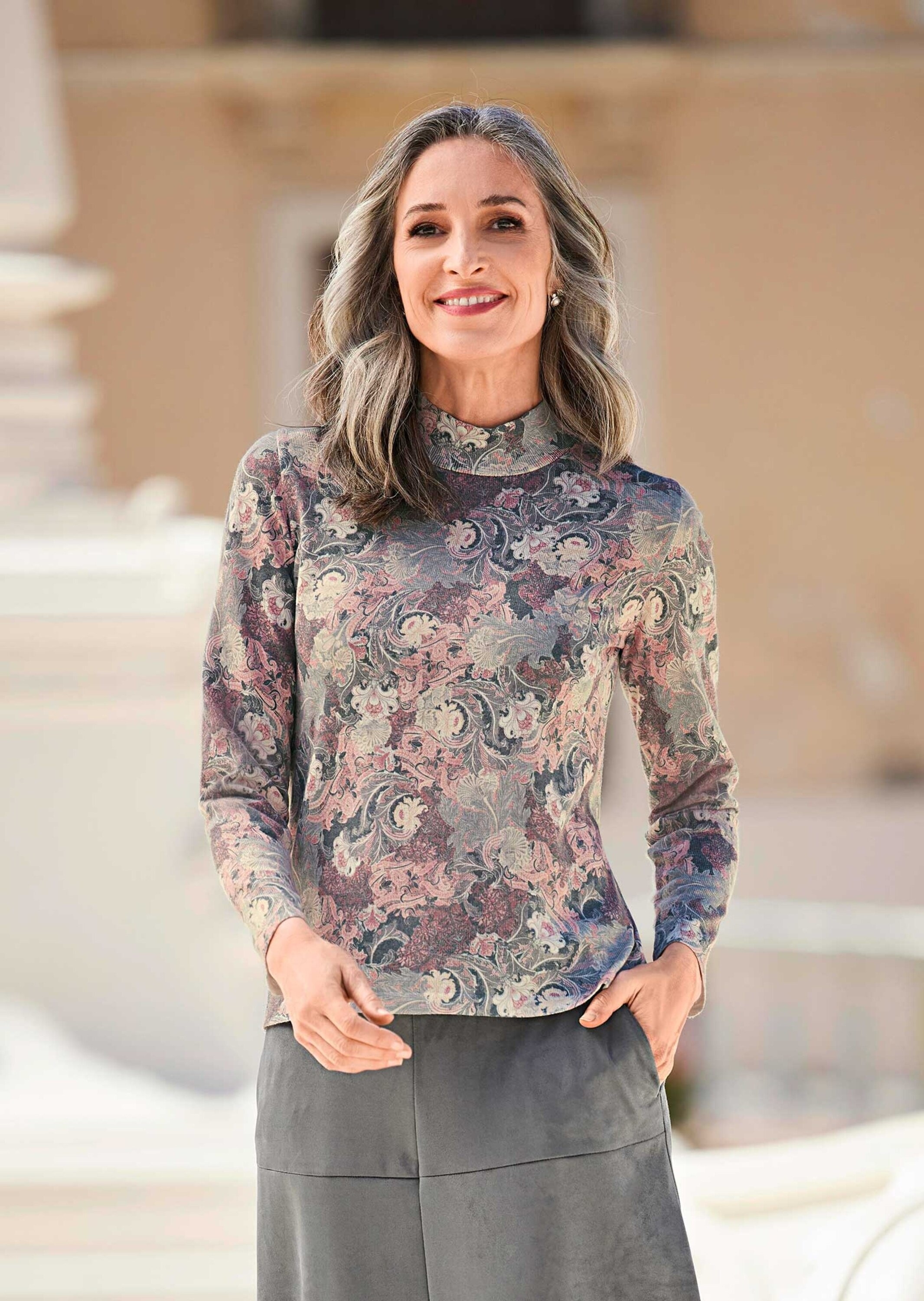 Thumbnail - GOLDNER Rundhalspullover "Kurzgröße Floraler Strickpullover mit Stehkragen" hoher Baumwollanteil