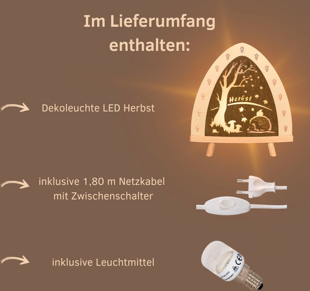 Weigla LED Dekolicht »Herbst, Tischleuchte aus Holz, NATUR-BRAUN«, 1 flammig, Leuchtmittel E14 | LED wechselbar, Erzgebirge garantiert, Herbstdeko innen, Tischlampe