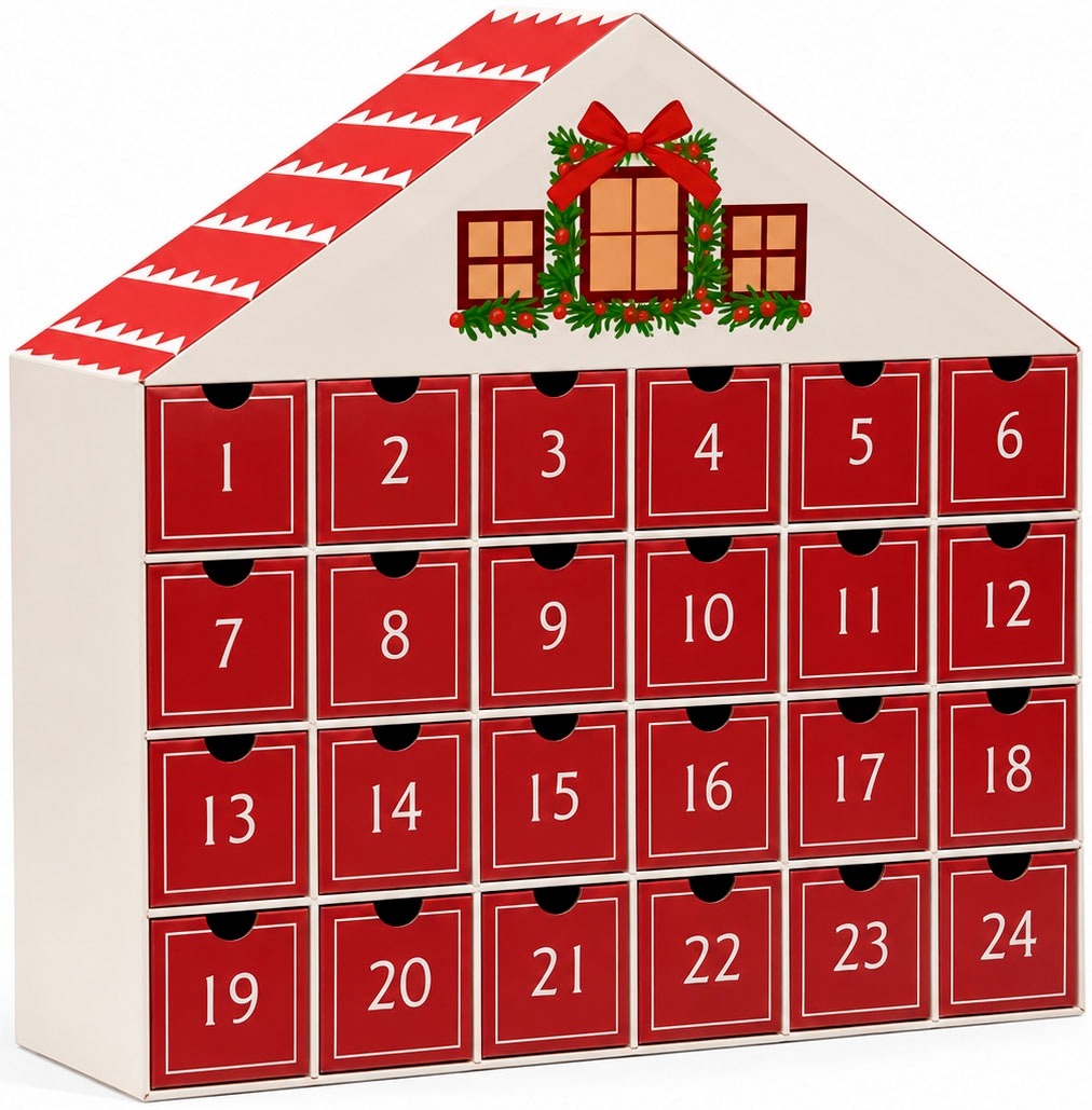 OTTO home Adventskalender »Haus, für die täglichen Überraschungen in der Vorweihnachtszeit« Es liegt keine Altersempfehlung vor aus stabilem Karton, ca.40x40cm, in grün oder rot, mit Schubladen