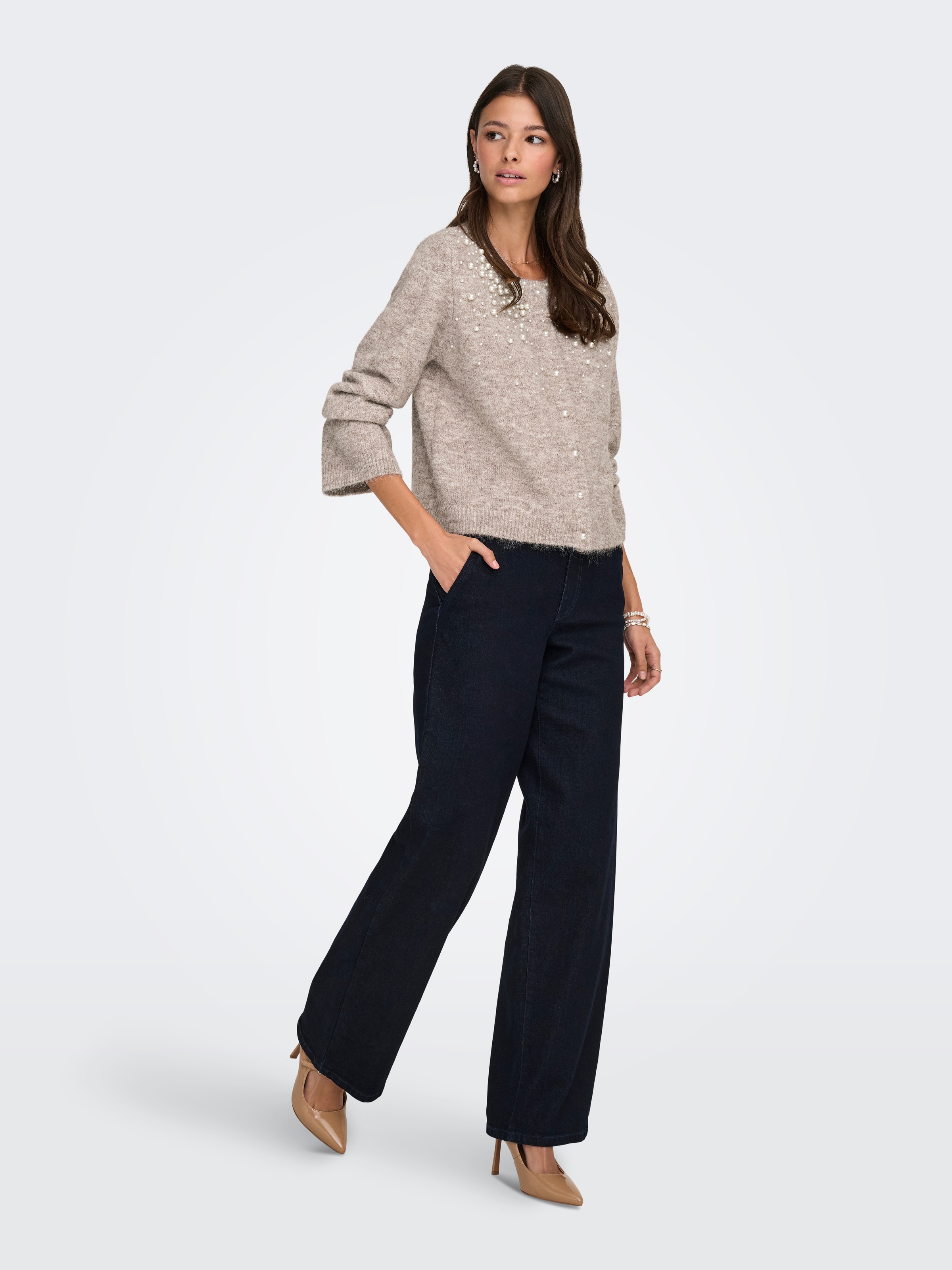 ONLY Strickjacke »ONLMIGGIE LS O-NECK PEARL CARDIGA EX KNT« Materialmix, regular fit