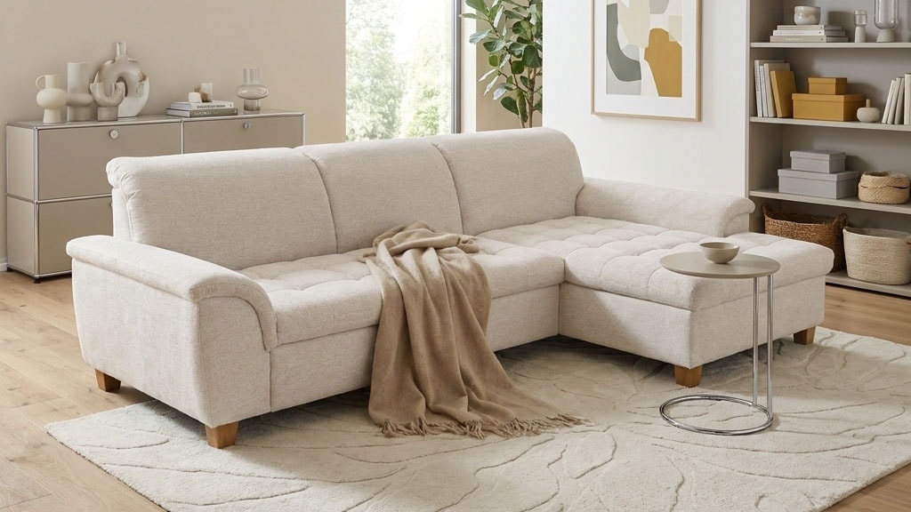 OTTO home "Eggery 279 x 170 cm, auch mit Schlaffunktion & Bettkasten, Holzfüße" Kopfteile verstellbar, L-Form, aus pflegeleichtem Luxus-Microfaser