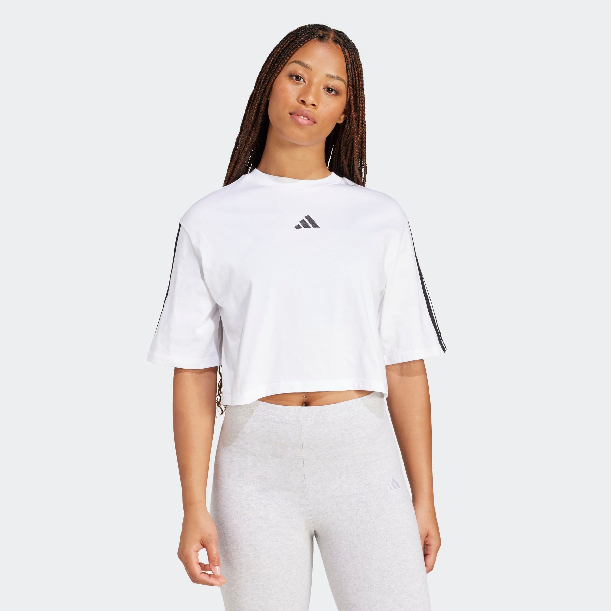 adidas Sportswear 1100000002199 "ESSENTIALS 3-STREIFEN COTTON LOOSE" mit Rundhalsausschnitt, bauchfreie Schnittform, ohne Verschluss
