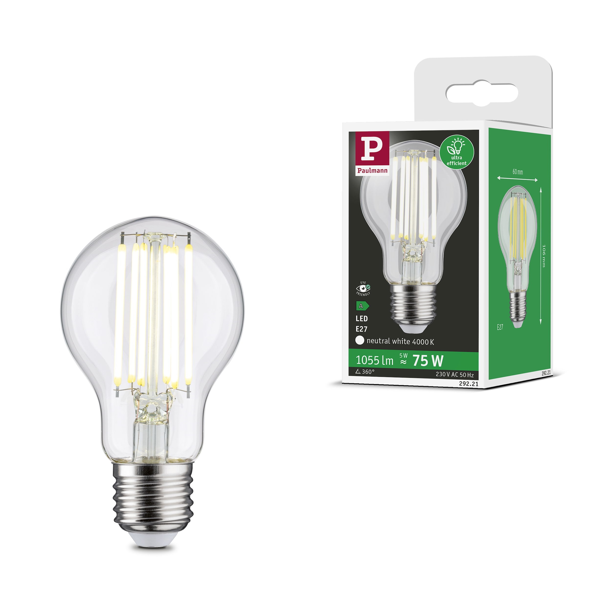 PAULMANN LED-Leuchtmittel "Eco-Line Filament 230V LED Birne E27 1er-Set 1055lm 5W 4000K Klar", Energieeffizienz: A (A-G), transparent, L:10,6cm Ø:6cm, Leuchtmittel