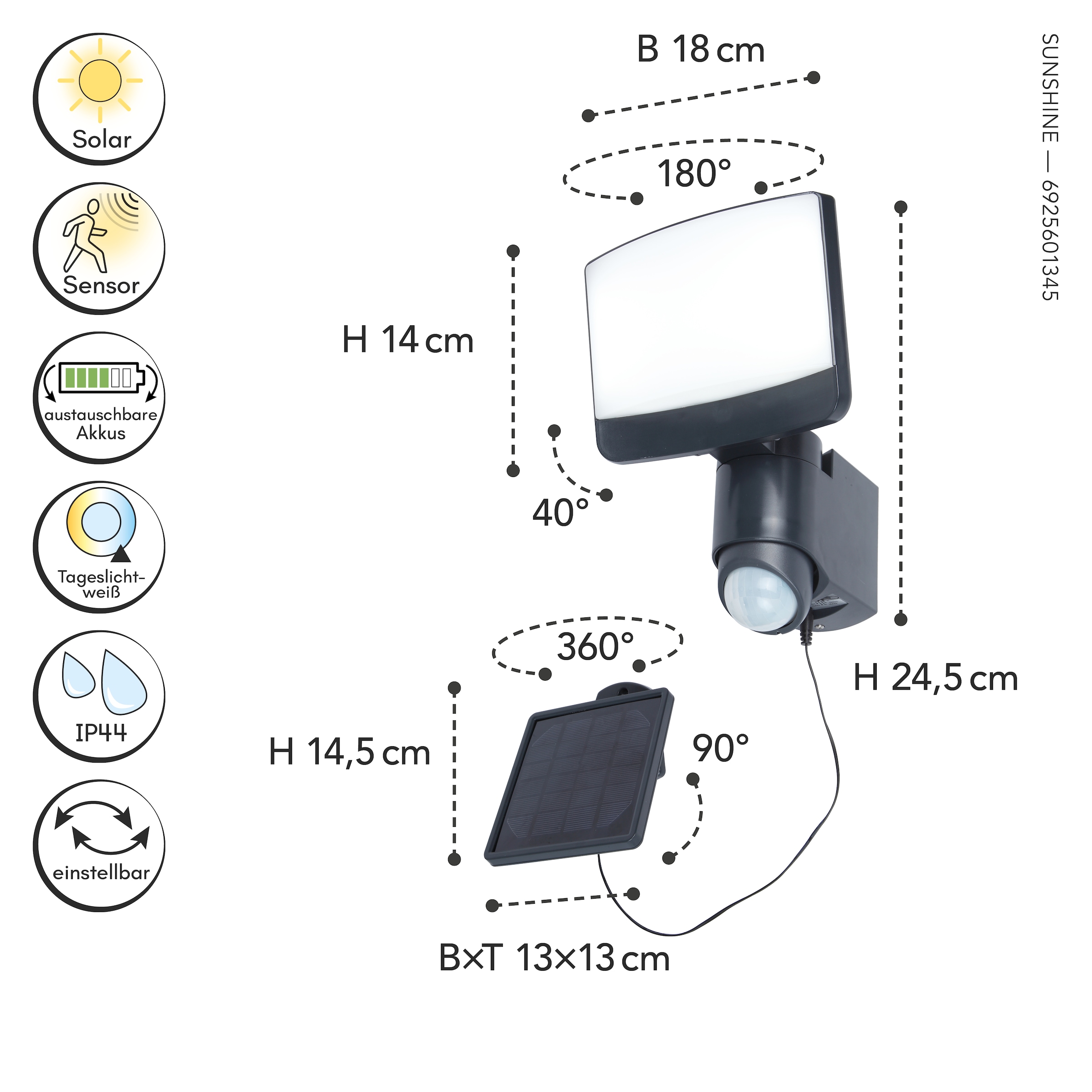 LUTEC LED Solarleuchte »Solar-Aussenwandl. SUNSHINE«, 1 flammig, Leuchtmittel LED-Board | LED fest integriert, dreh- und schwenkbar