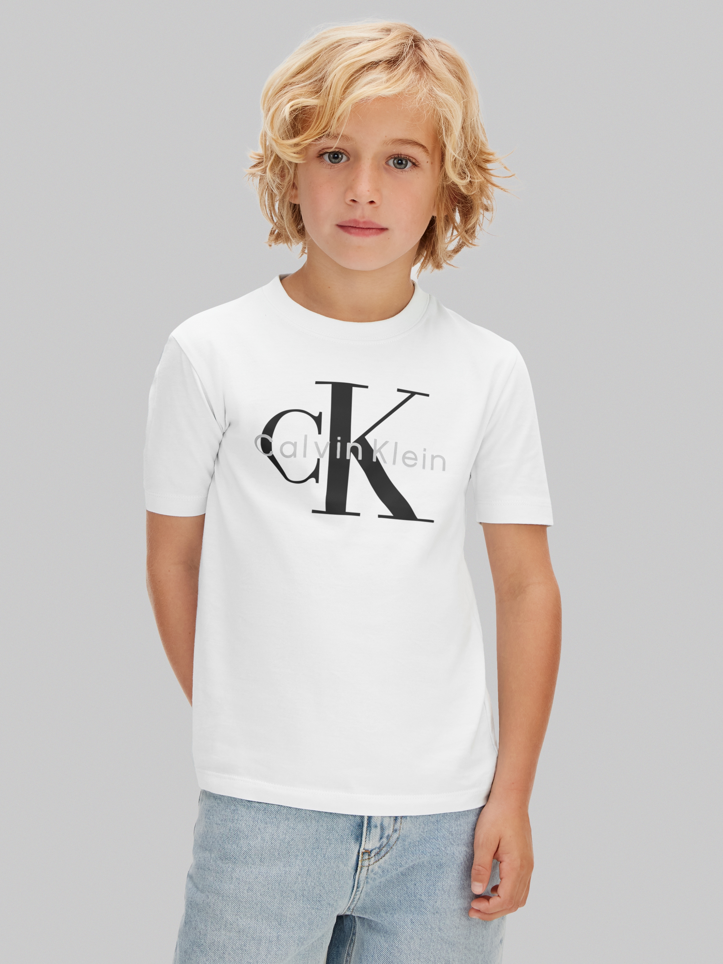 T-Shirt CALVIN KLEIN JEANS "MONO LOGO T-SHIRT", Mädchen, Gr. 14 (164), weiß, Single Jersey, Obermaterial: 100% Baumwolle, unifarben, regular fit normal, Rundhals, eingesetzt abgesteppte Kante, Shirts T-Shirt, Regular fit für Kinder, mit Logoschriftzug