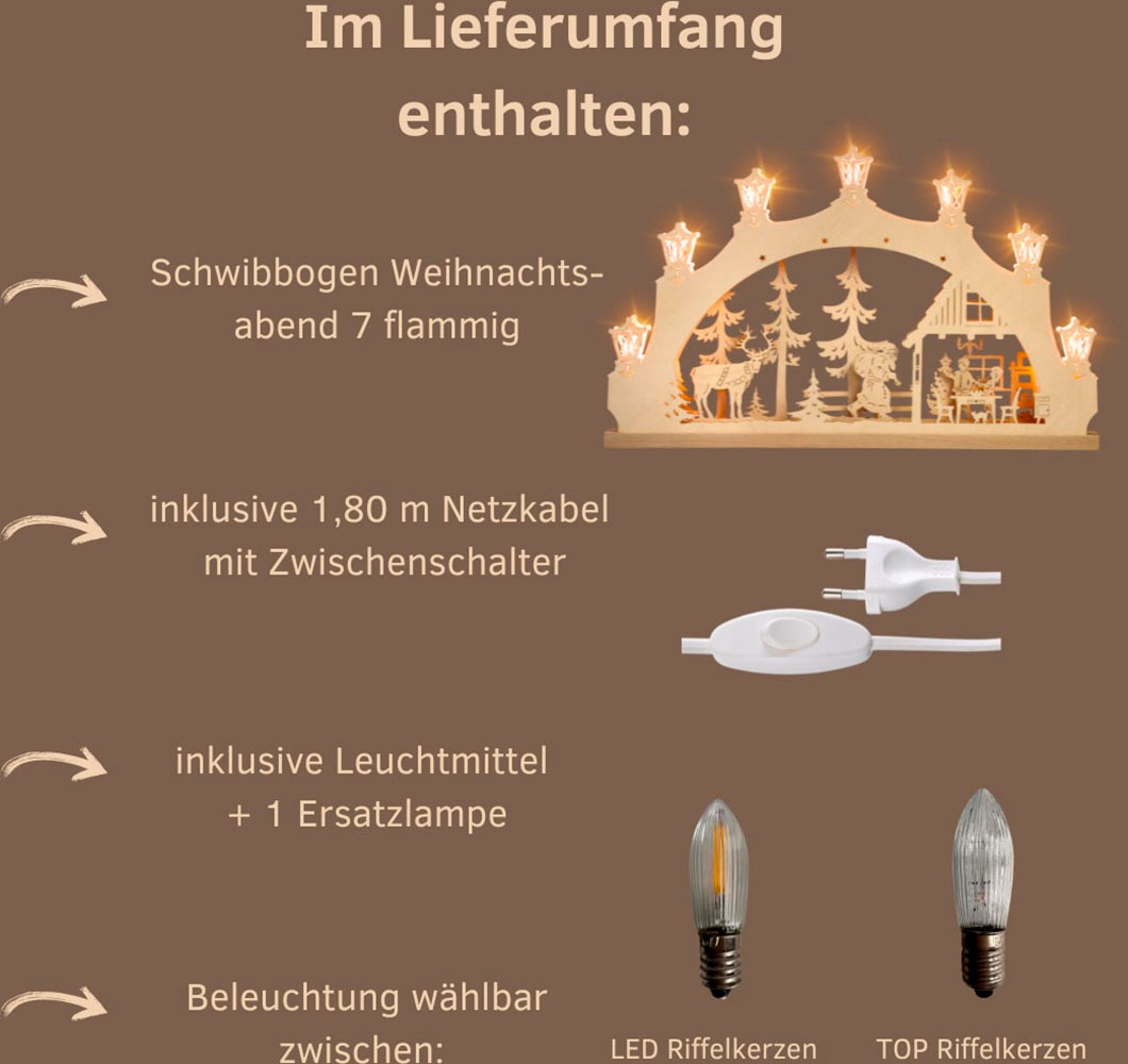 Weigla Schwibbogen »Weihnachtsabend, Lichterbogen aus Holz, NATUR«, Erzgebirge garantiert, Weihnachtsdeko Innen, Weihnachtsbeleuchtung