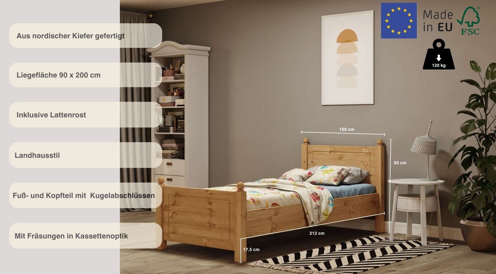 Home affaire Massivholzbett »Mila, hohe Belastbarkeit Jugendbett,! FSC® zertifiziertes Massivholz«, (Breite/Belastbarkeit 180cm/220 KG, 140cm/180 KG, 90cm/=120 KG), aus massiver Kiefer, inklusive Lattenrost