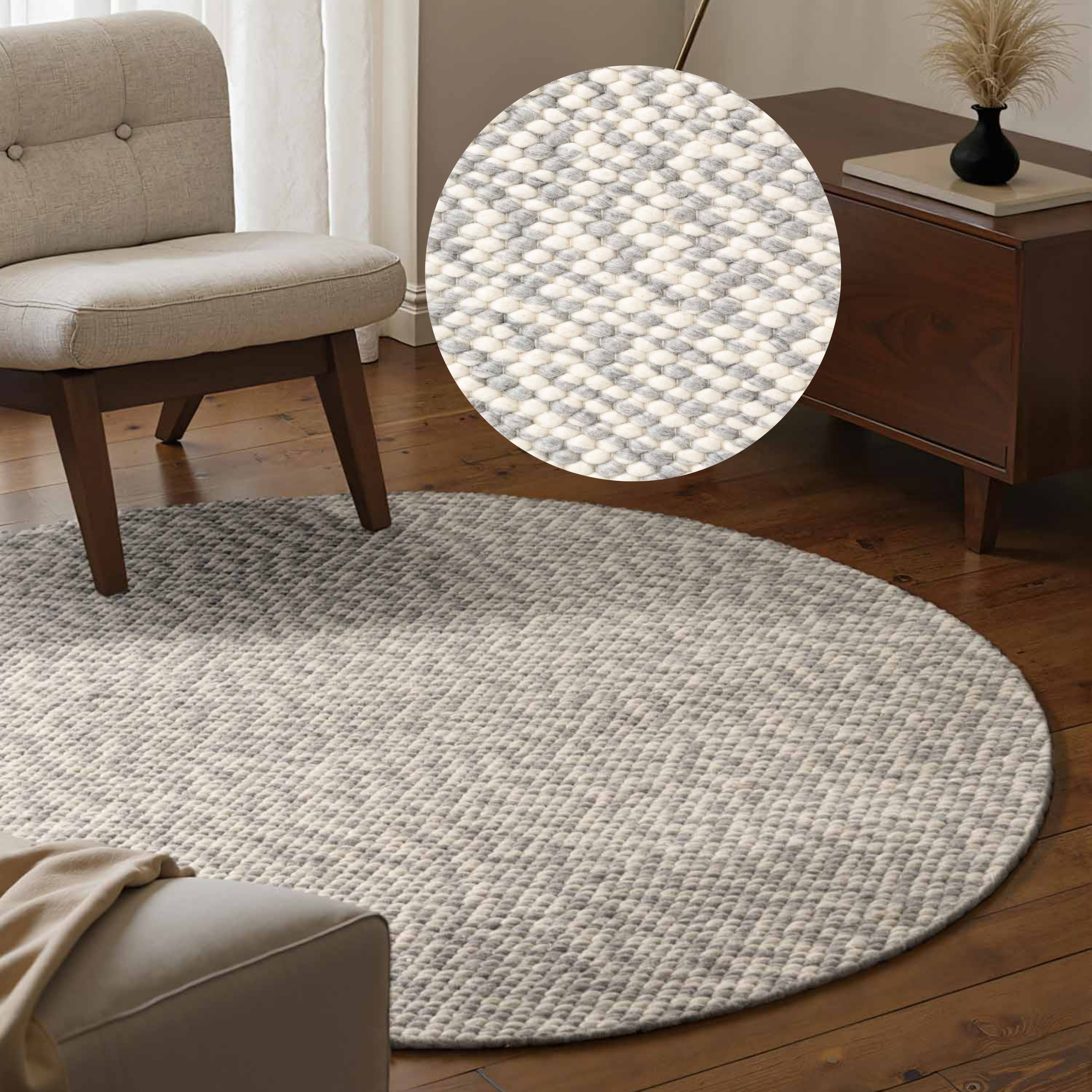 ELLE DECORATION "Beans" rund 10 mm Höhe Handweb Teppich Wolle, Rund, Perlenstruktur, Wohnzimmer, Schlafzimmer