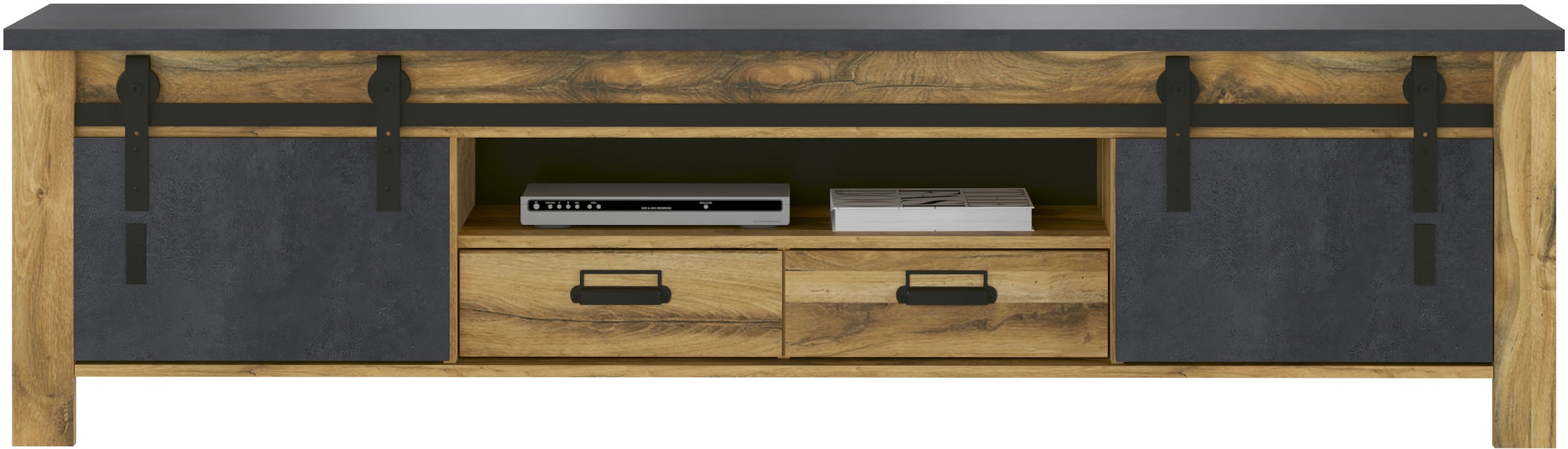 Home affaire TV-Schrank »York, moderner Unterschrank, Kommode im Industrialdesign«, mit Apothekergriffen & Scheunentorbeschlägen aus Metall, 201 cm breit