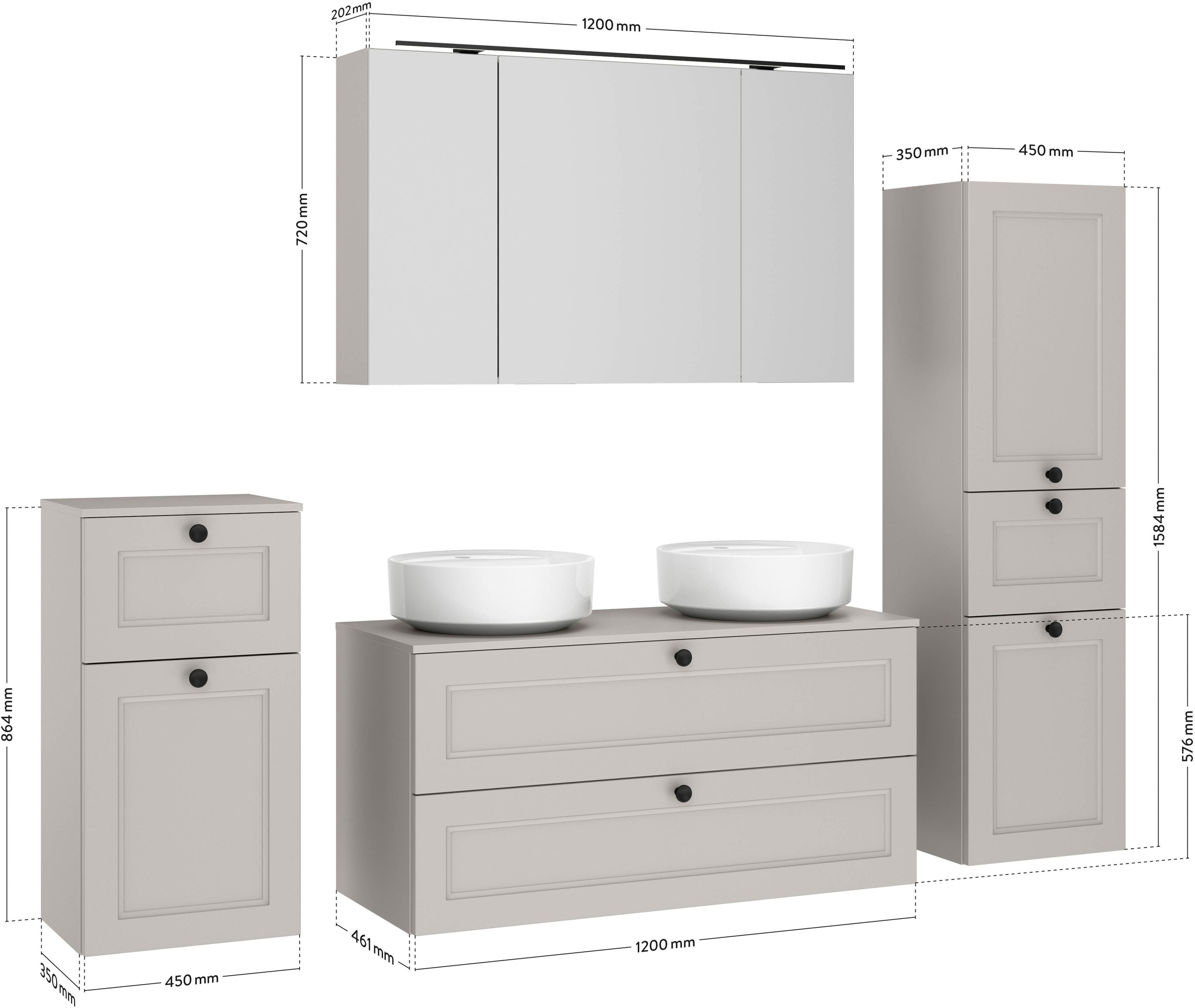 nobilia® Badmöbel-Set »Cascada« Set, inkl.  2 Aufsatzwaschbecken und Spiegelschrank mit Beleuchtung, 6 Stk. tlg.