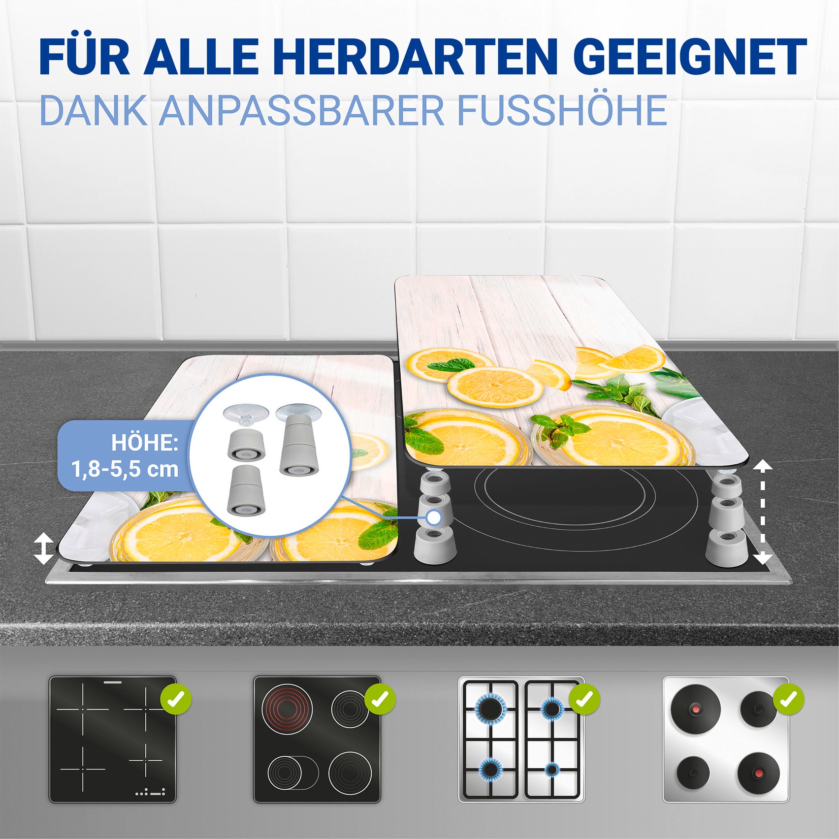 WENKO Herd-Abdeckplatte »Universal Modell Zitronen«, (Set, 2 tlg.), Herdabdeckung für alle Herdarten, kratzfest, mit rutschfesten Füßen